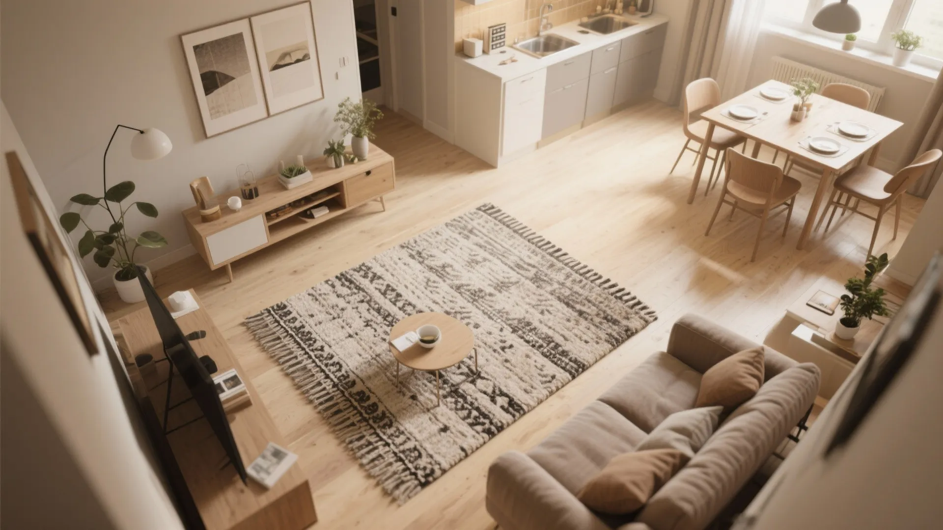 Area rug defining the living space in small open-plan room