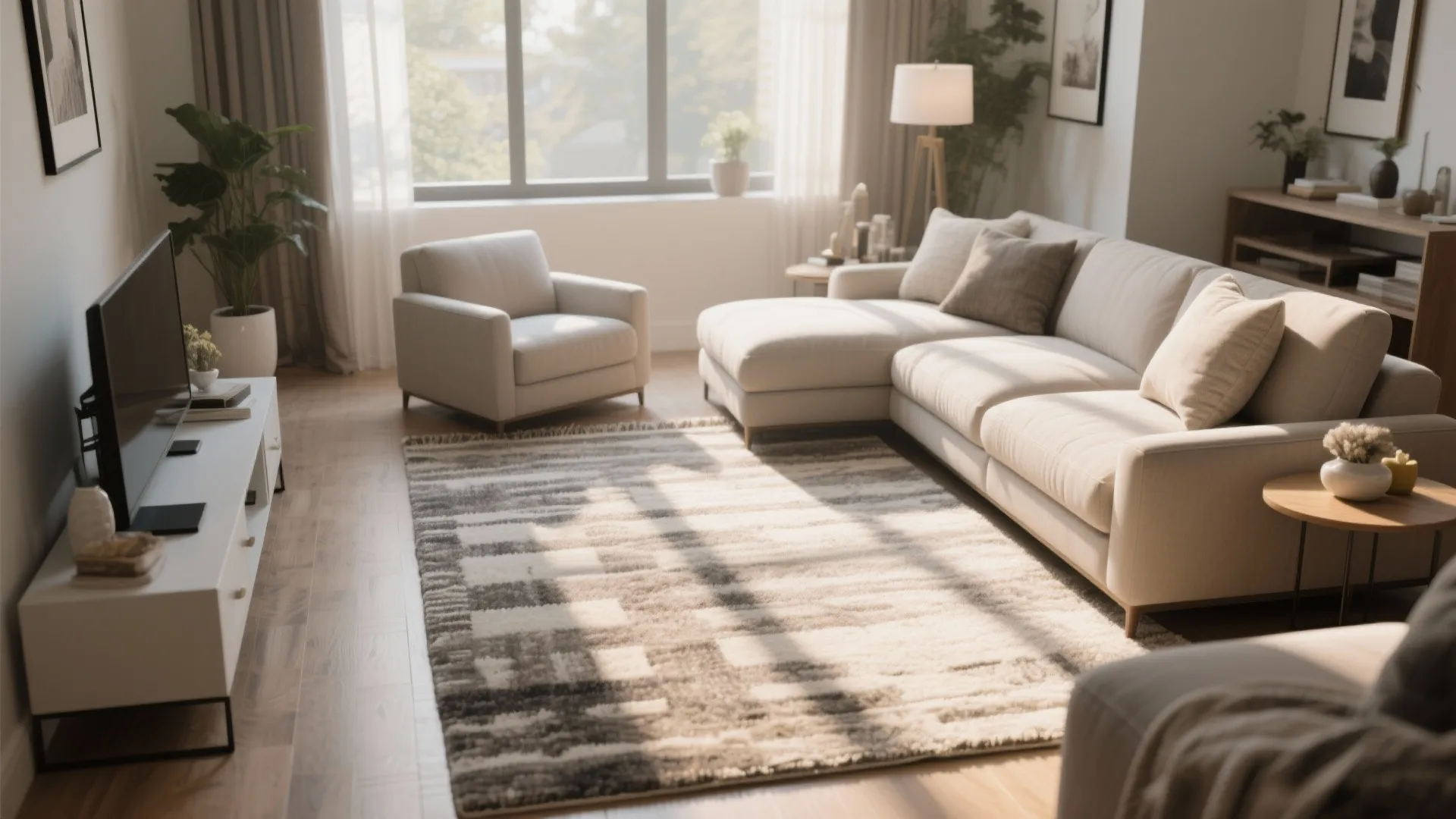 Modern living room with large patterned rug white sofa armchair tv cabinet and natural light