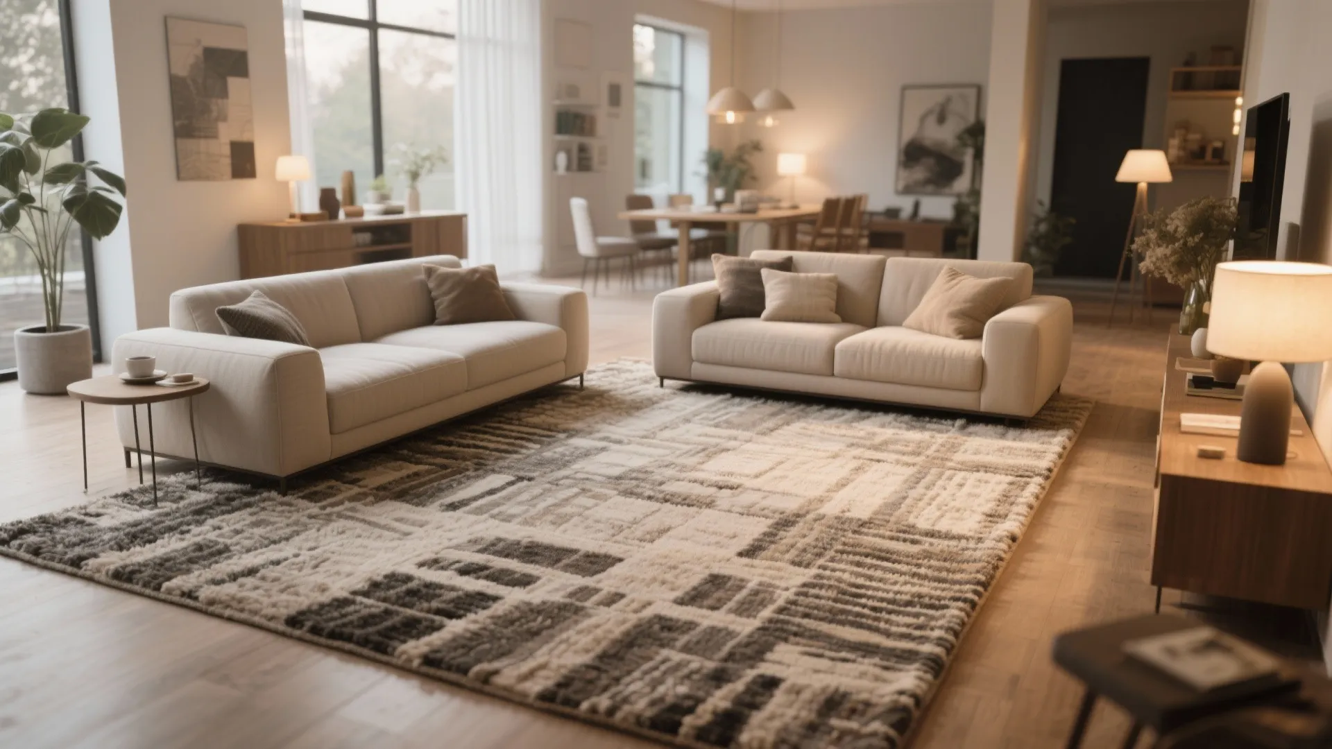 Modern living room with neutral sofas large patterned area rug wooden floor and warm light fixtures