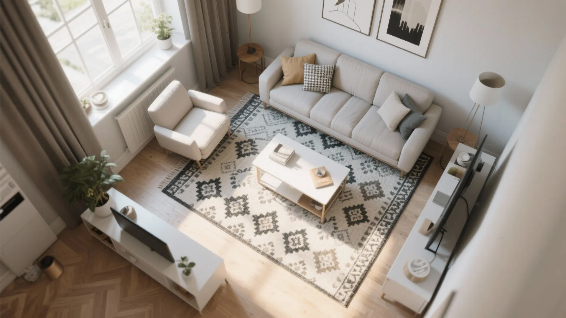 Modern living room with a large patterned area rug under a white sofa and armchair