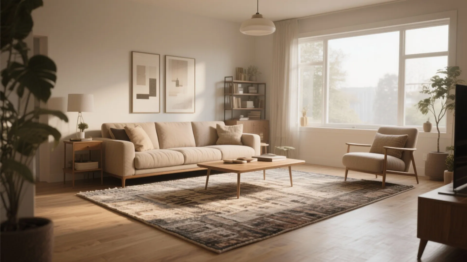 Bright living room with beige sofa wooden coffee table and large rug defining the space