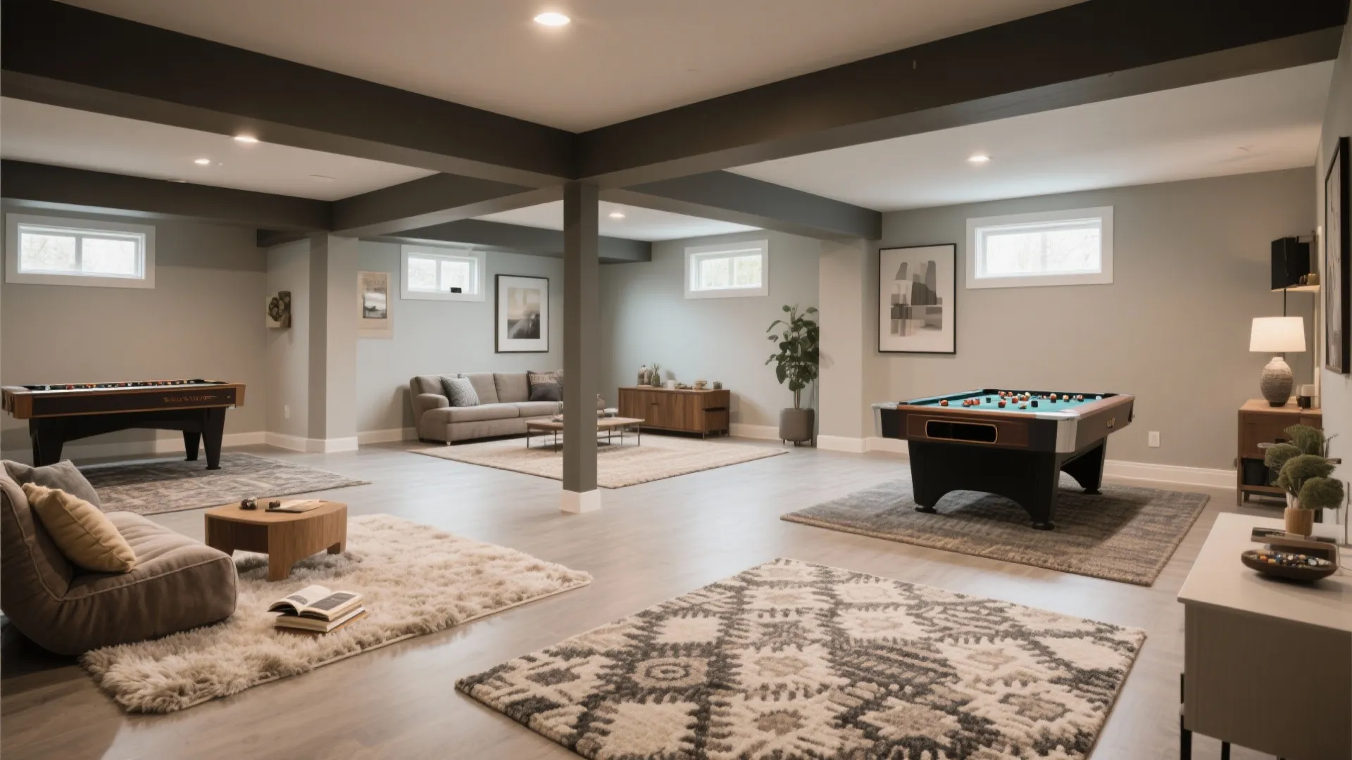 Large basement game room with pool table foosball table grey sofa and patterned area rugs