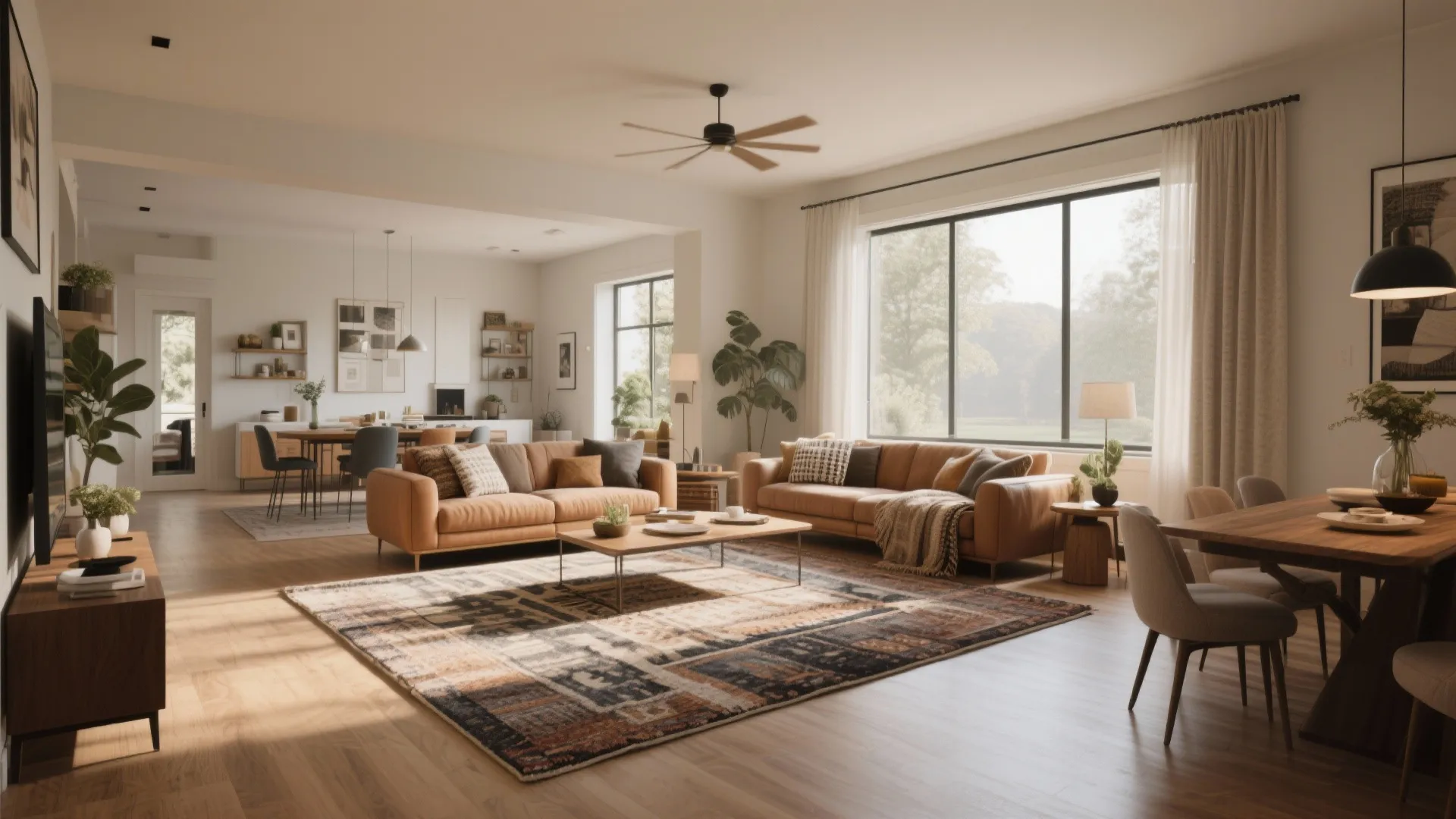 Modern open plan living room with leather sofas pattern rug wood floor and large bright windows