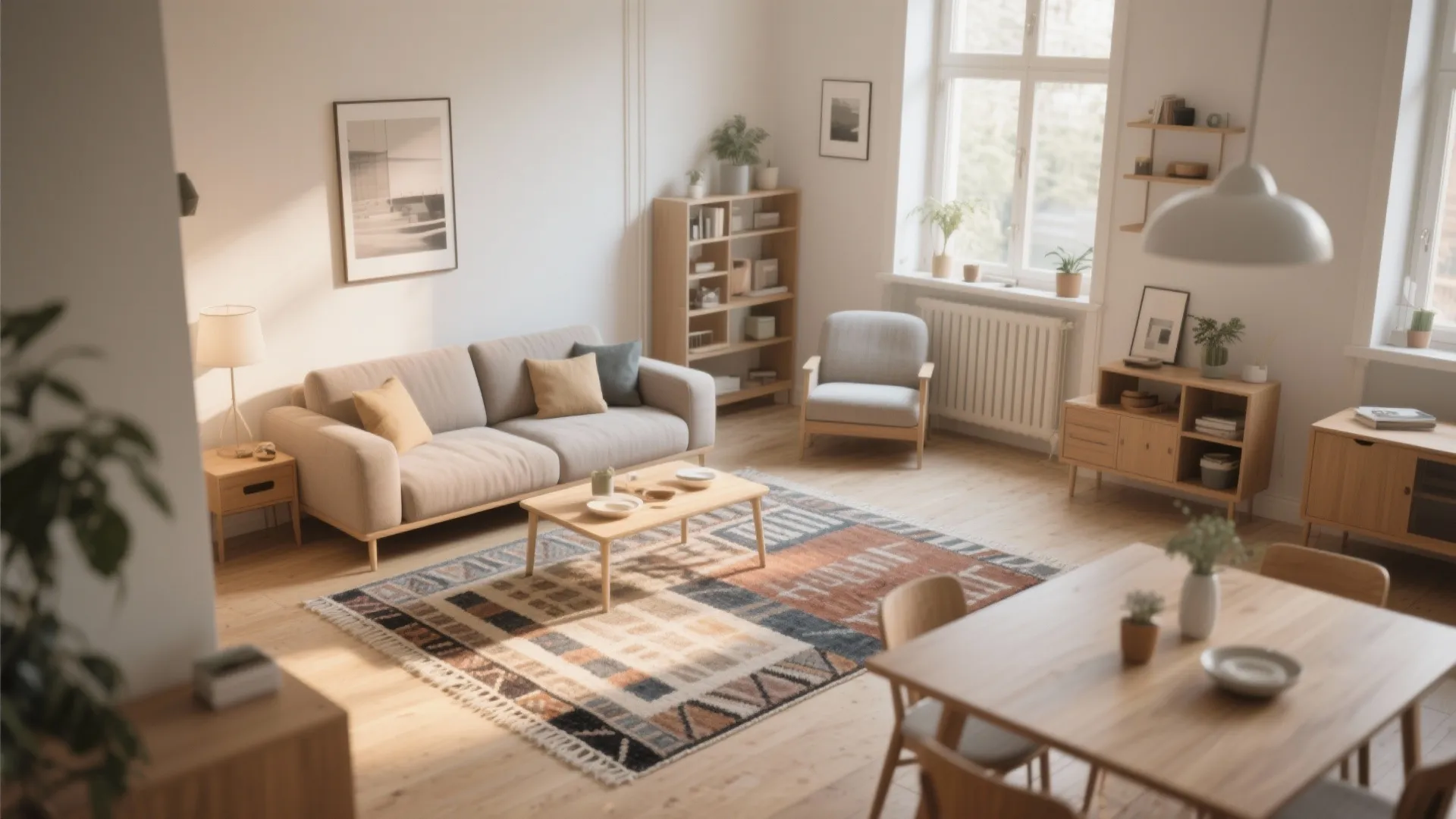 Small open plan with two rugs defining lounge and dining