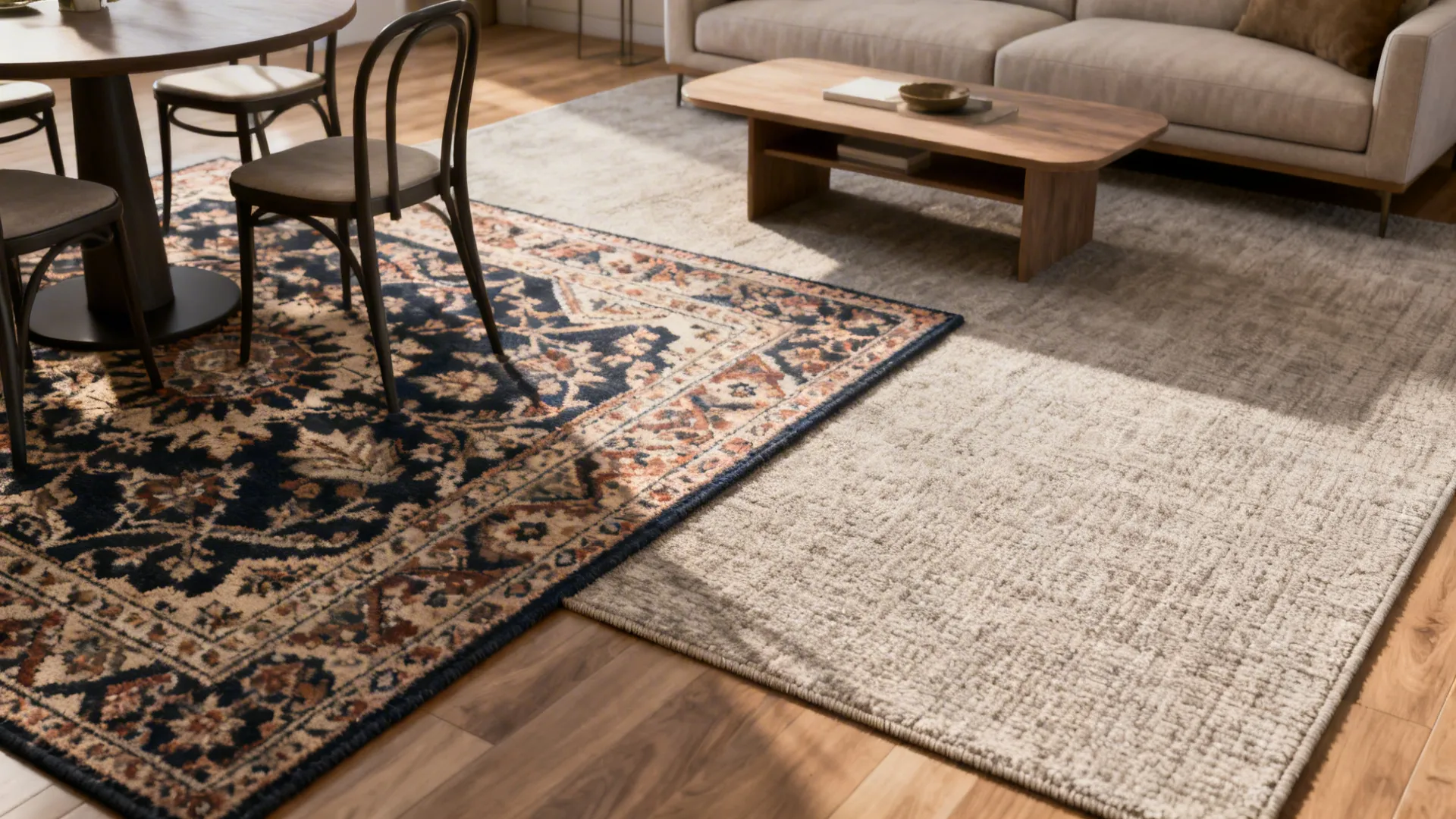 Layered area rugs separating dining and lounge areas in a small open-plan space