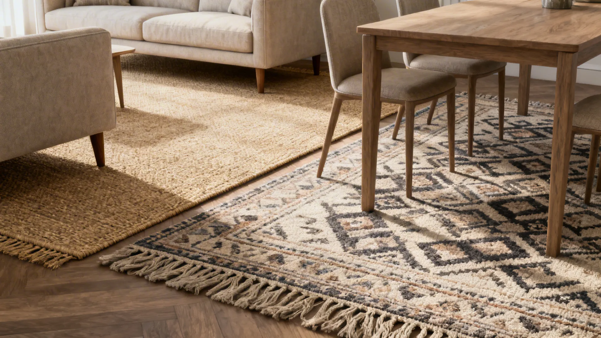 Layered rugs separating living and dining areas: jute in the living area and patterned wool under the dining table.