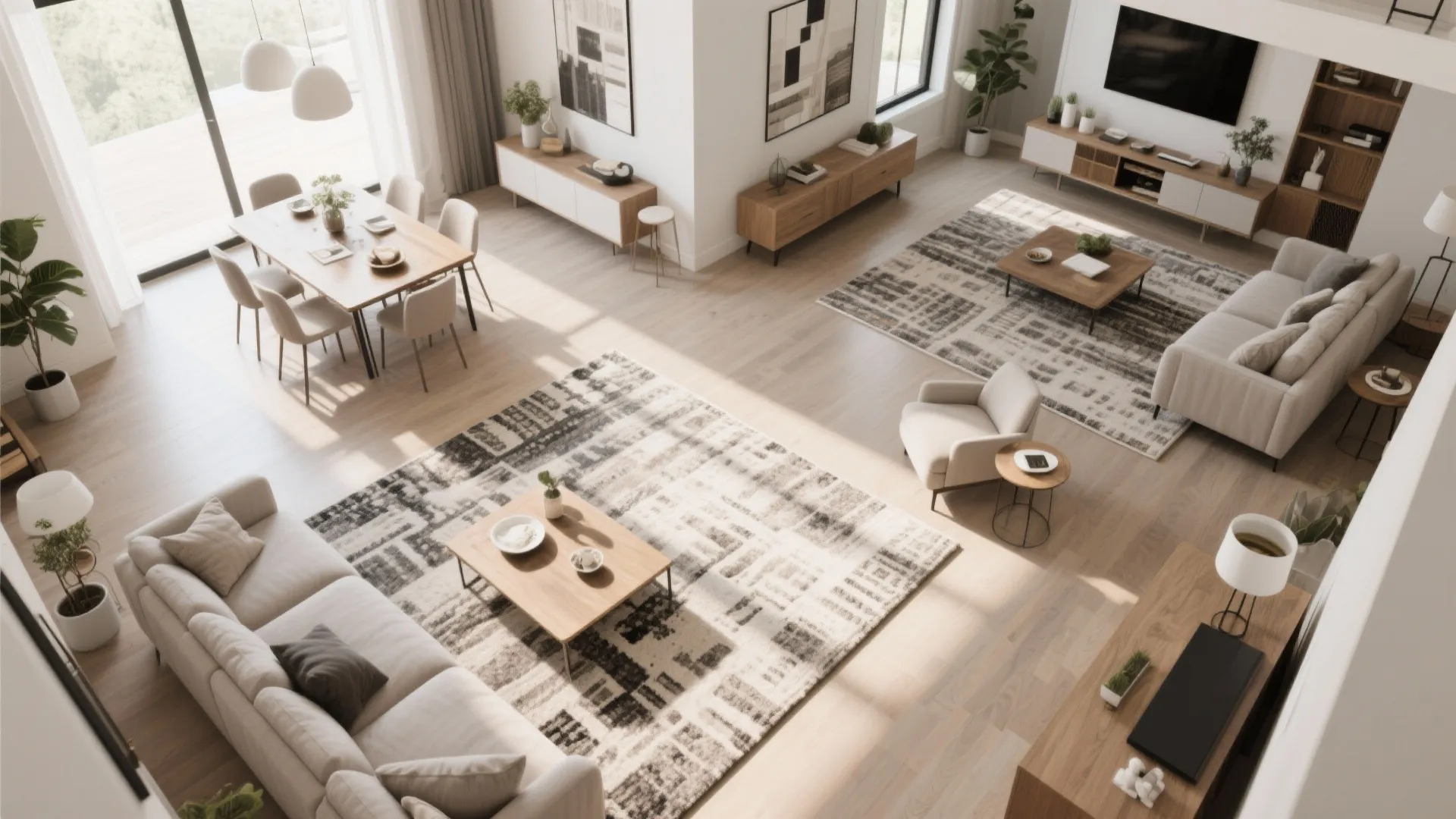 Top view of a large open room layout showing a dining area and living space