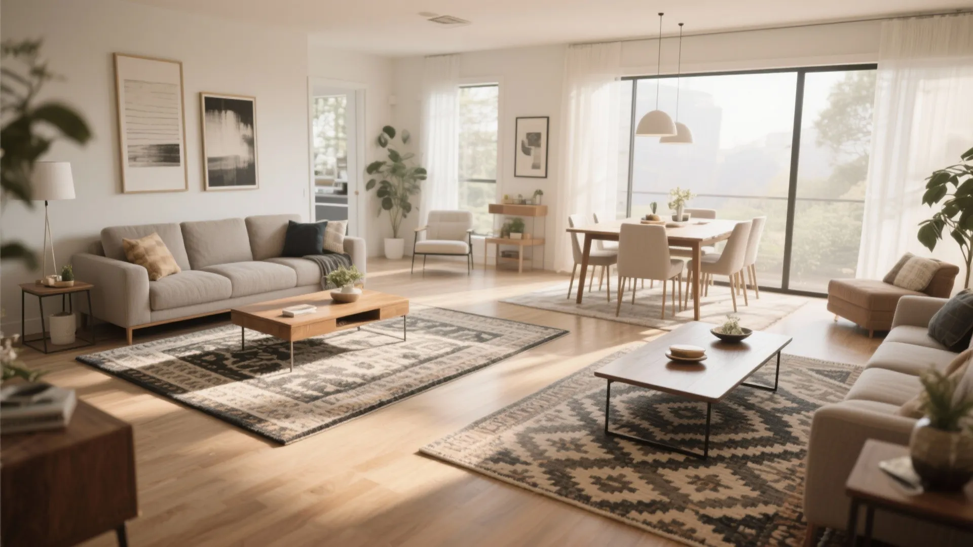 Spacious living area with two large patterned rugs wood floors dining table and natural light