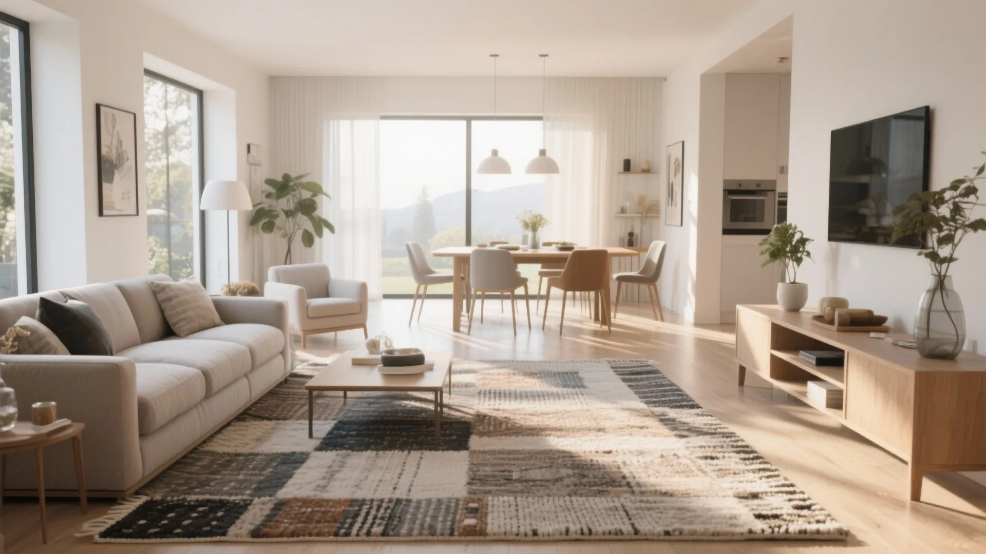 Bright living room with pattern rug beige sofa wood furniture and large windows for natural light