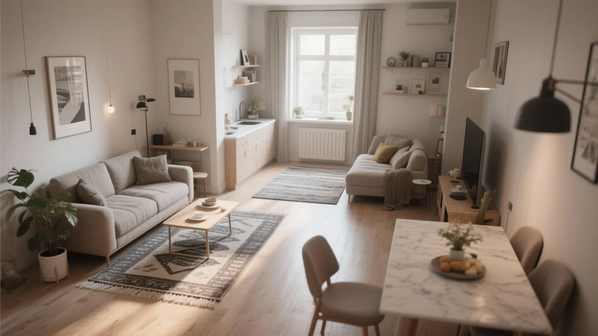 Living dining space with rugs defining each zone