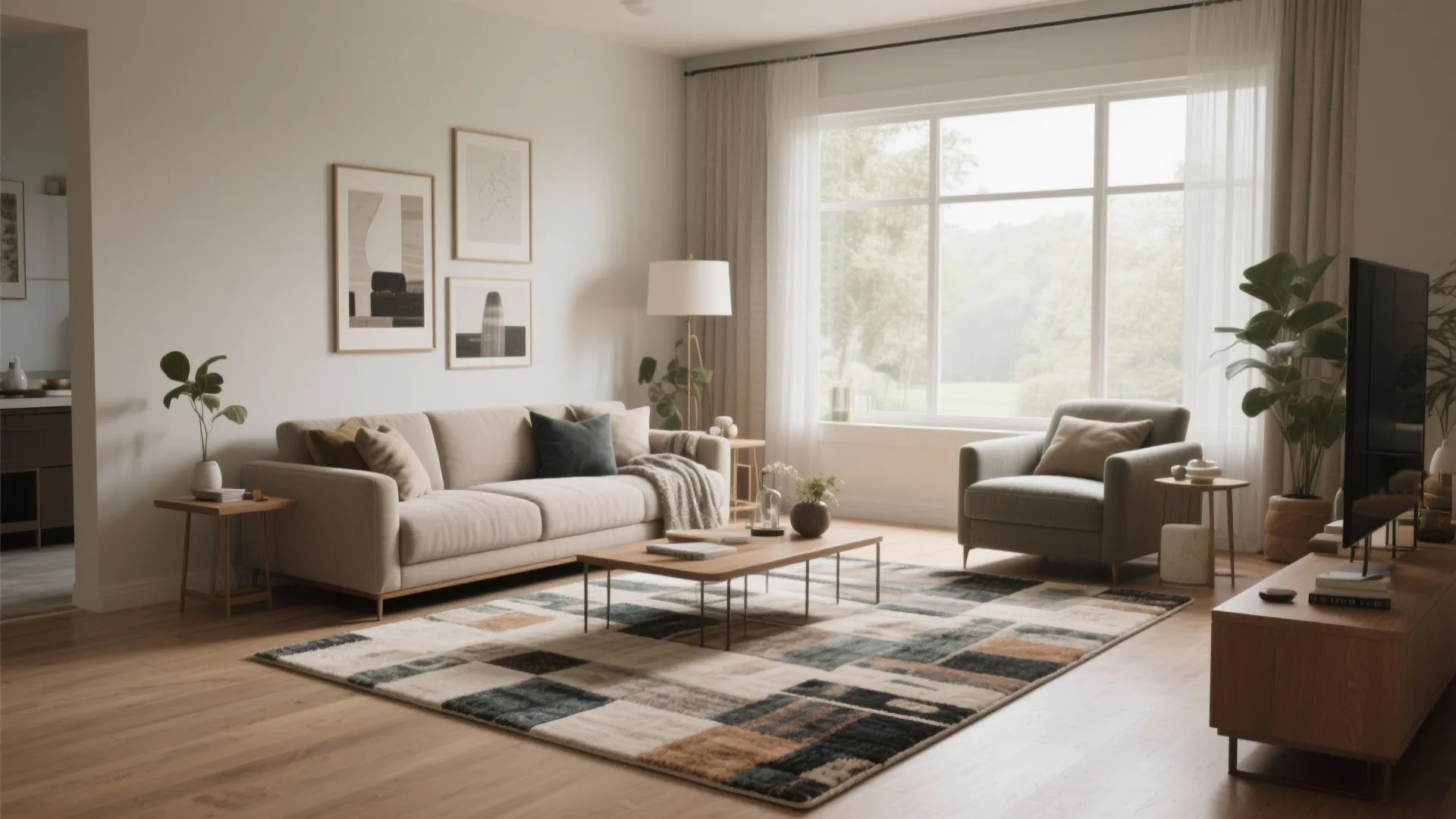 Modern living room with beige sofa armchair geometric area rug wooden coffee table and floor lamp
