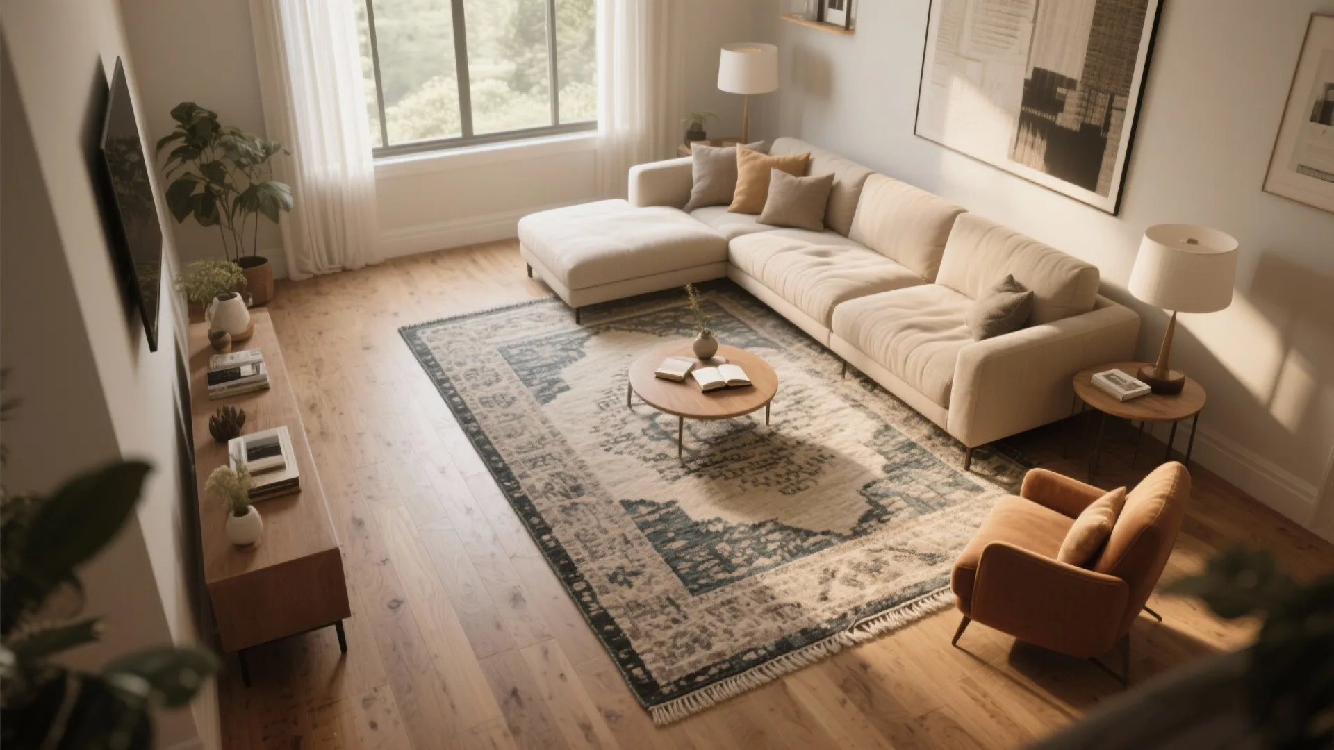 Living room layout with a large pattern rug under a sofa and orange armchair furniture