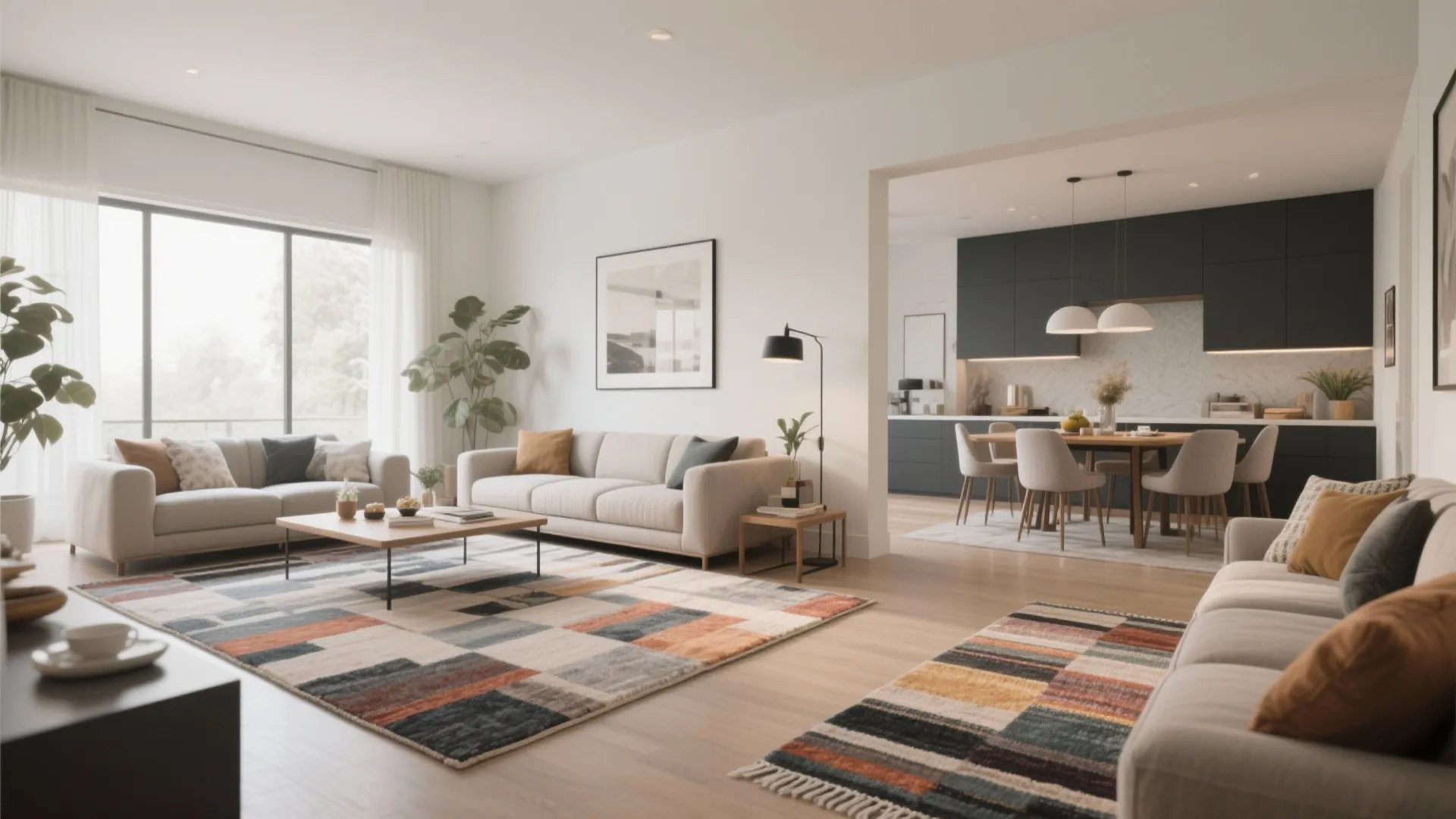 Spacious open living room with patterned rugs beige sofas wooden coffee table and dining area