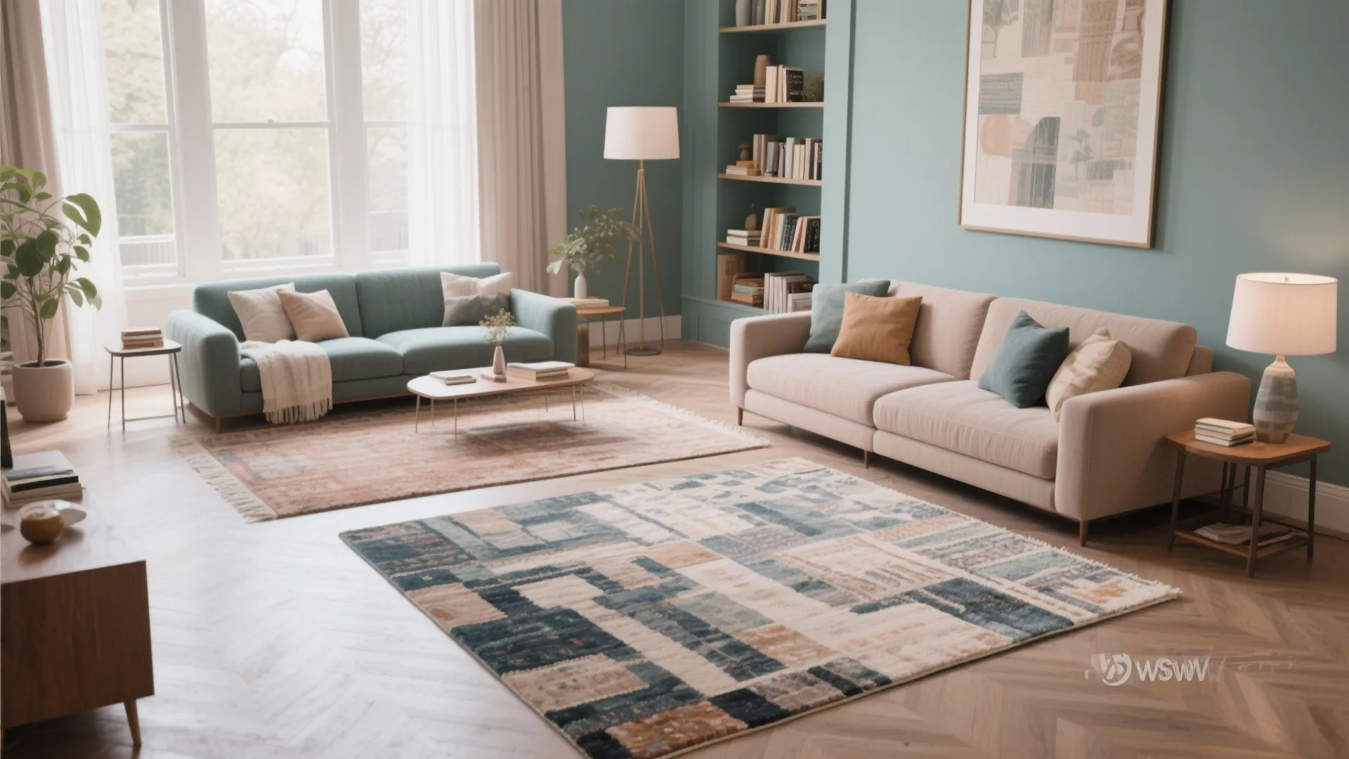 Living room with two sofas different area rugs floor lamp bookshelf and large windows for zoning