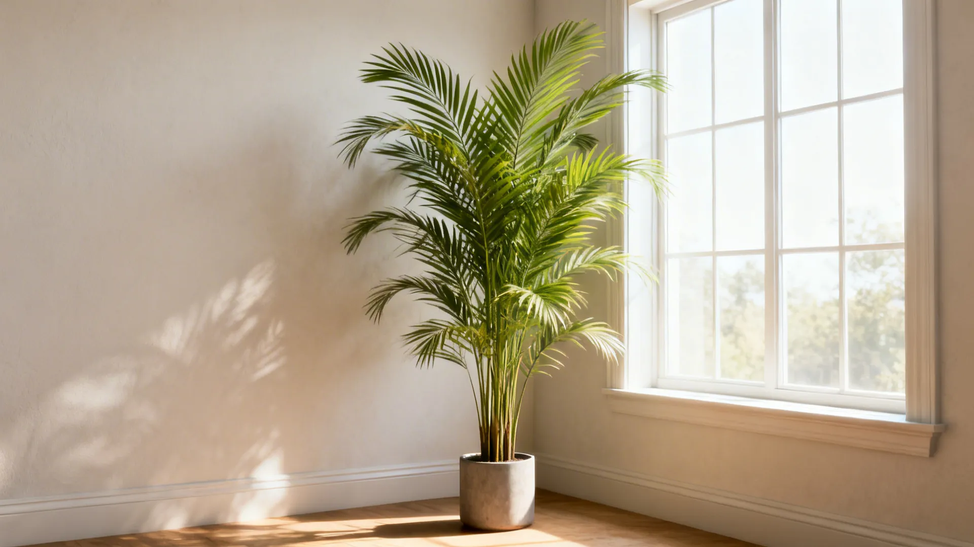 Faux areca palm in a bright corner softening a compact living room with airy fronds