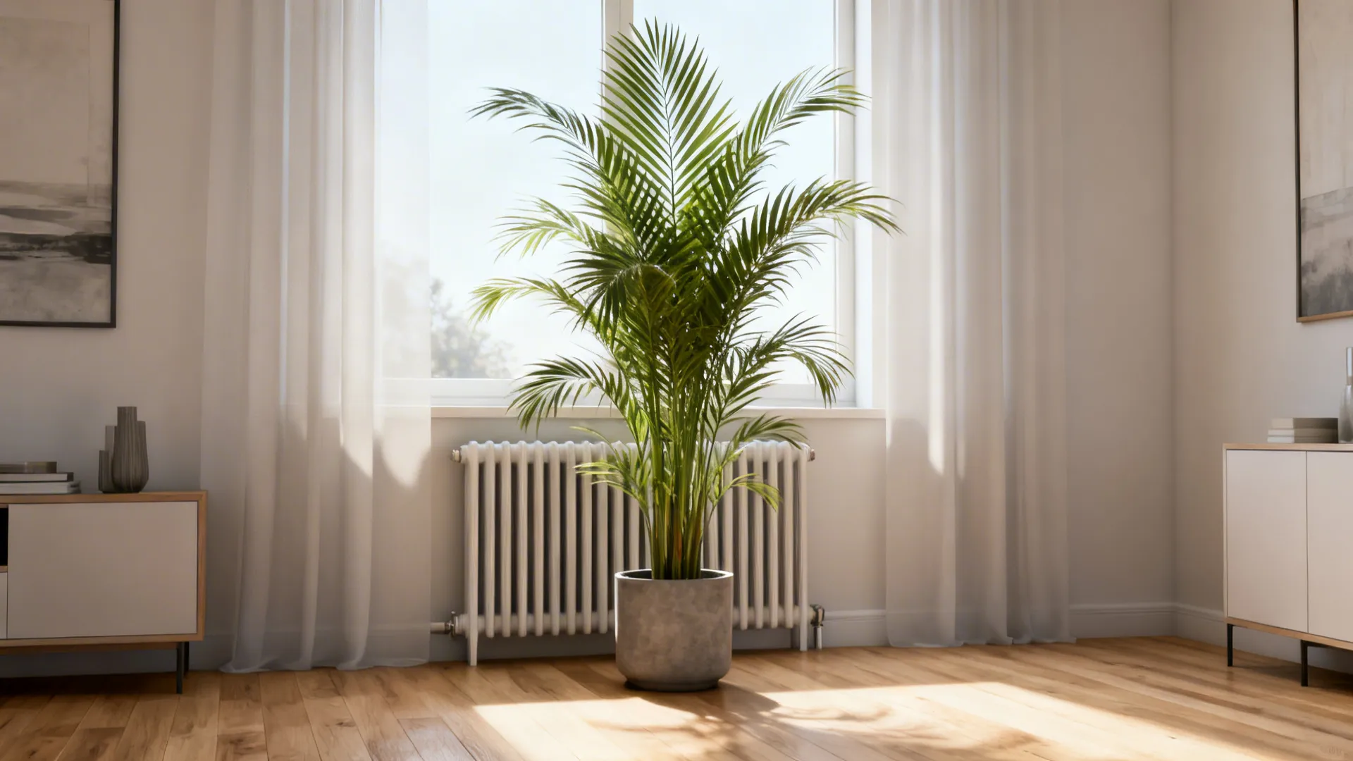 Living room corner with an artificial areca palm adding airy, feathery texture