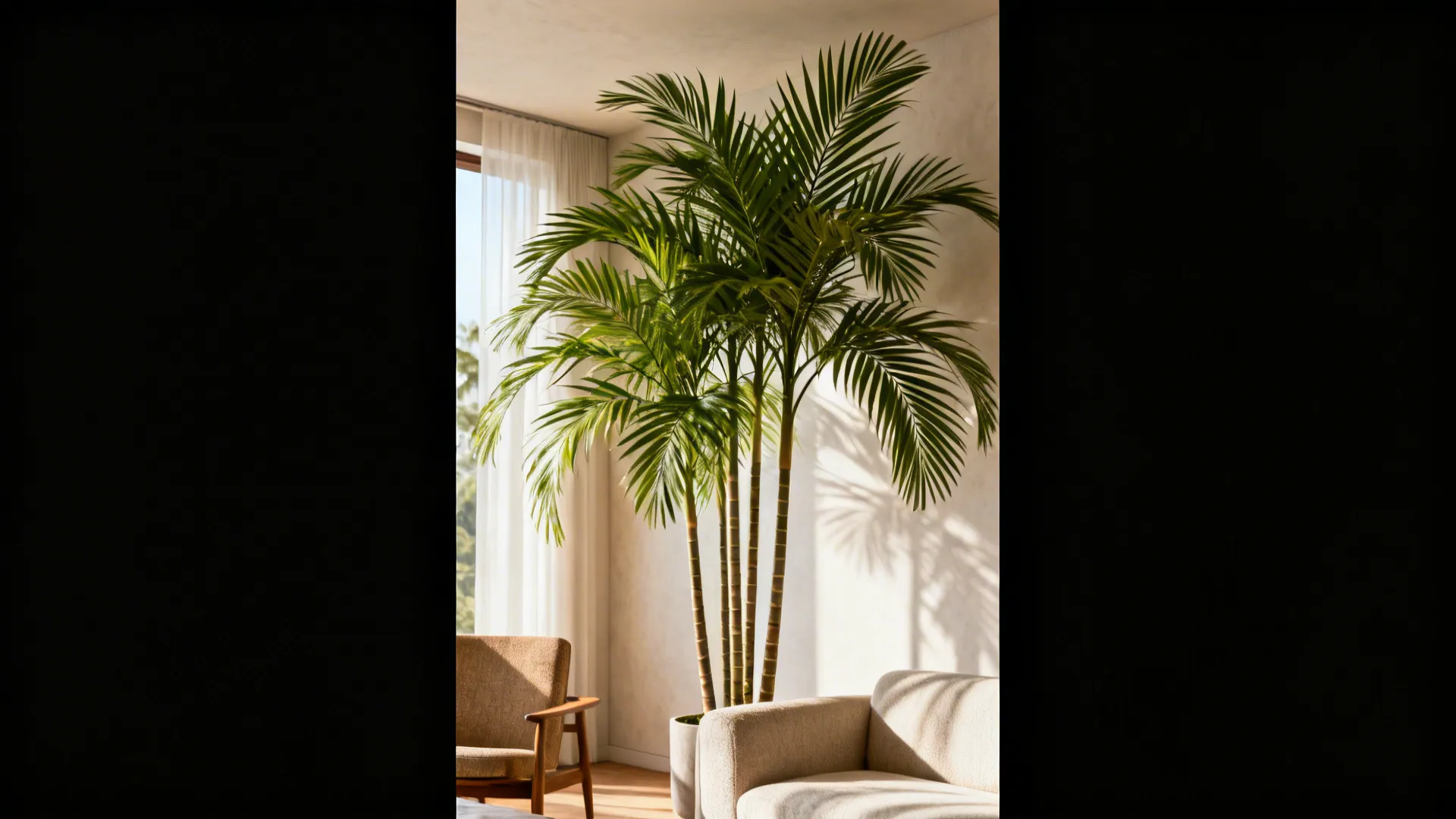 Full faux areca palm with multiple stems softening a living room seating area