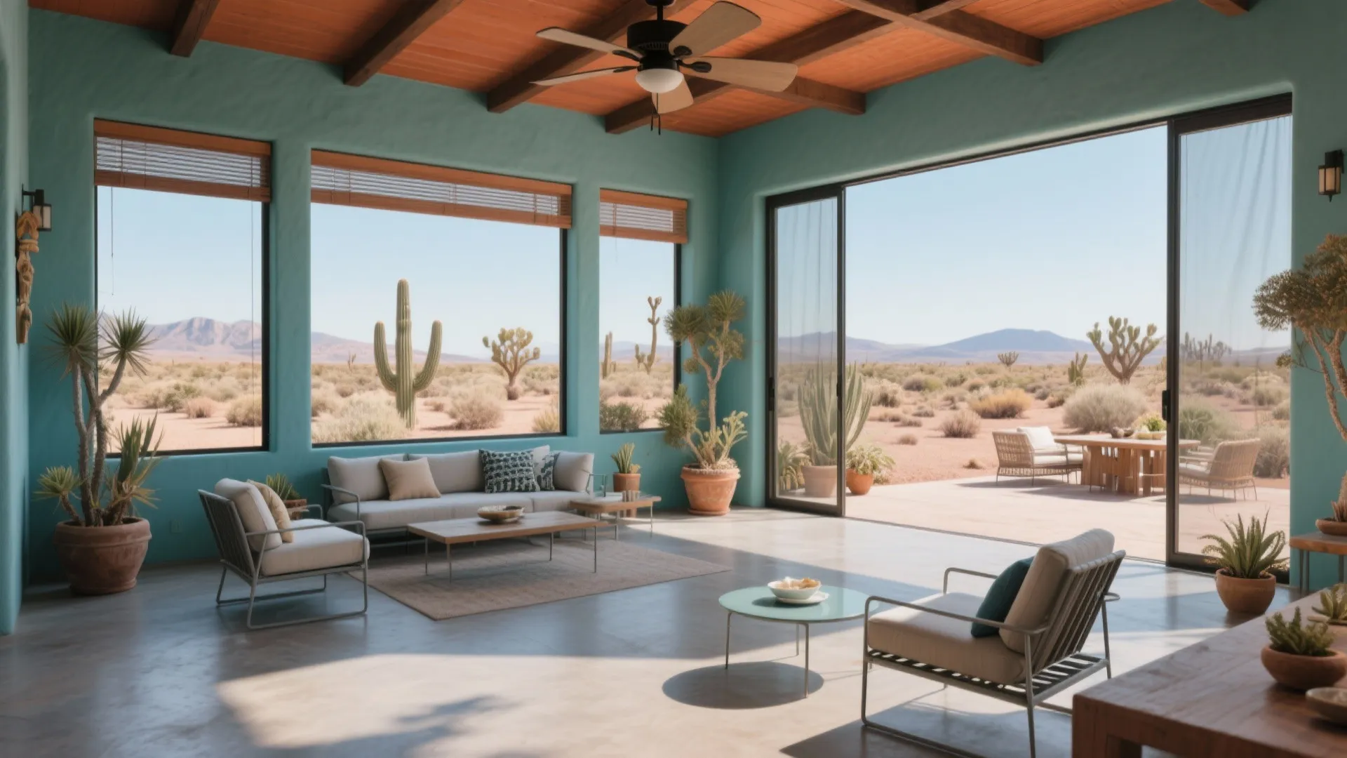 Desert sunroom with blue walls large windows wooden ceiling fan comfortable sofas and cactus plant views