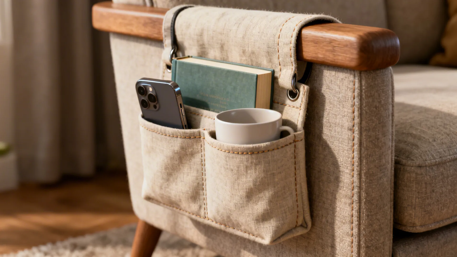 Fabric sofa arm organizer holding a smartphone and green book with a white coffee mug