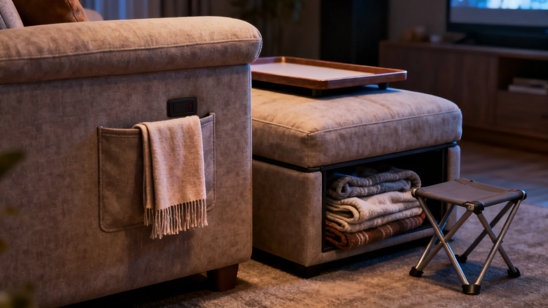 Sofa arm pocket with a light throw and an ottoman with tray, storing folded blankets.