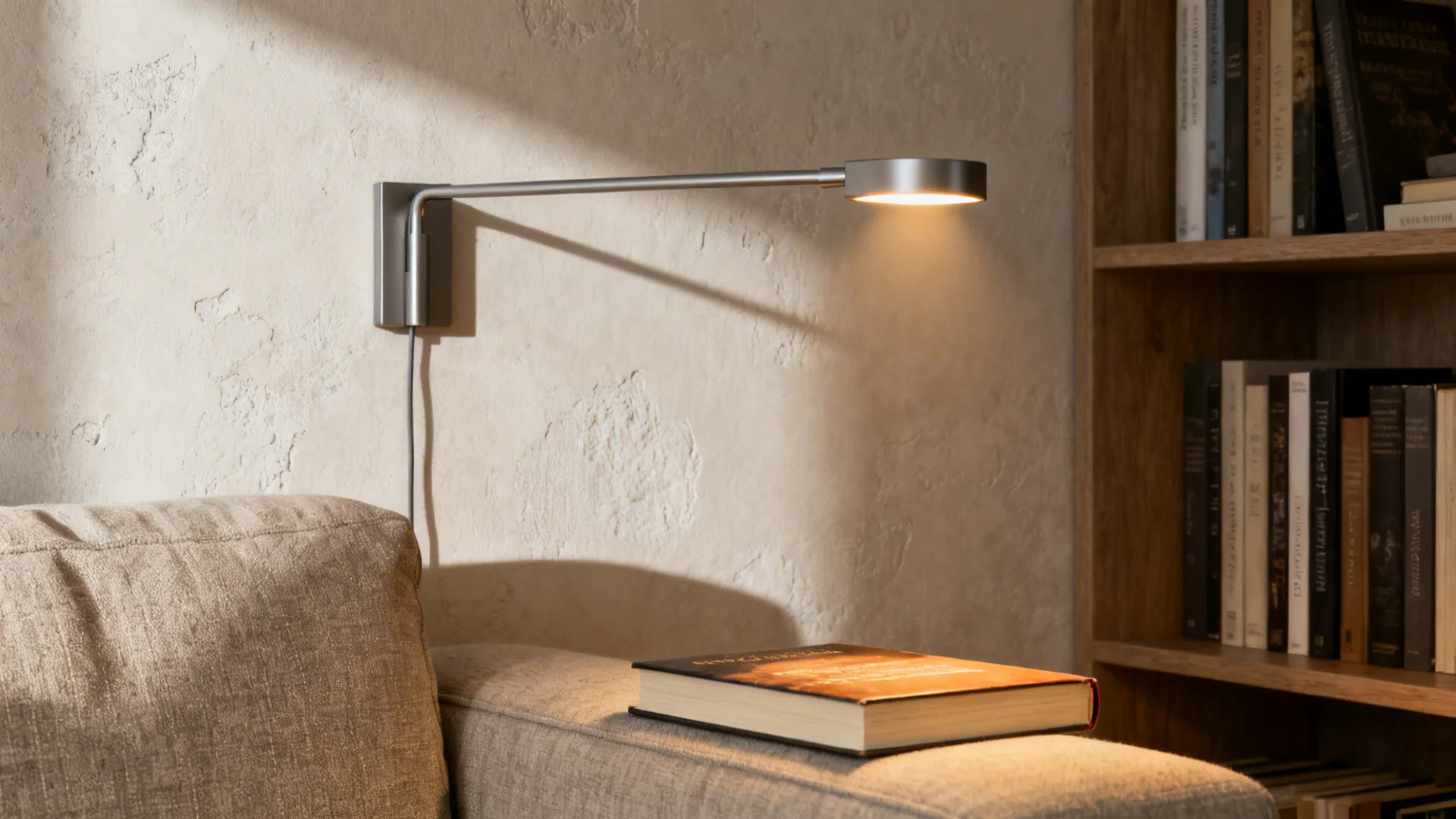 Extendable arm sconce over a reading nook casting focused warm light on a book and sofa.