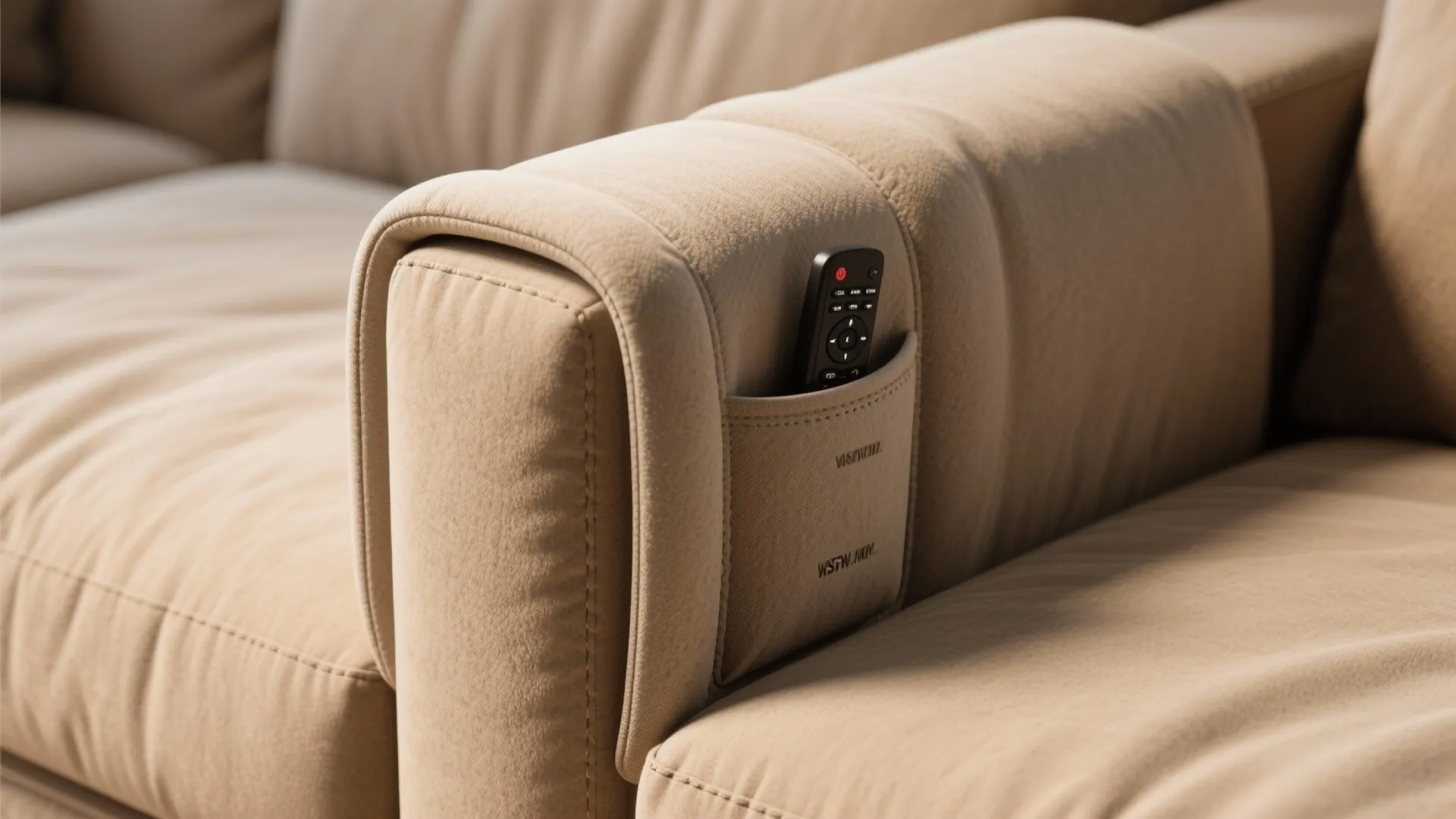 Slim upholstered arm shelf wrapped over a sofa arm with a removable-lined pocket for remotes.