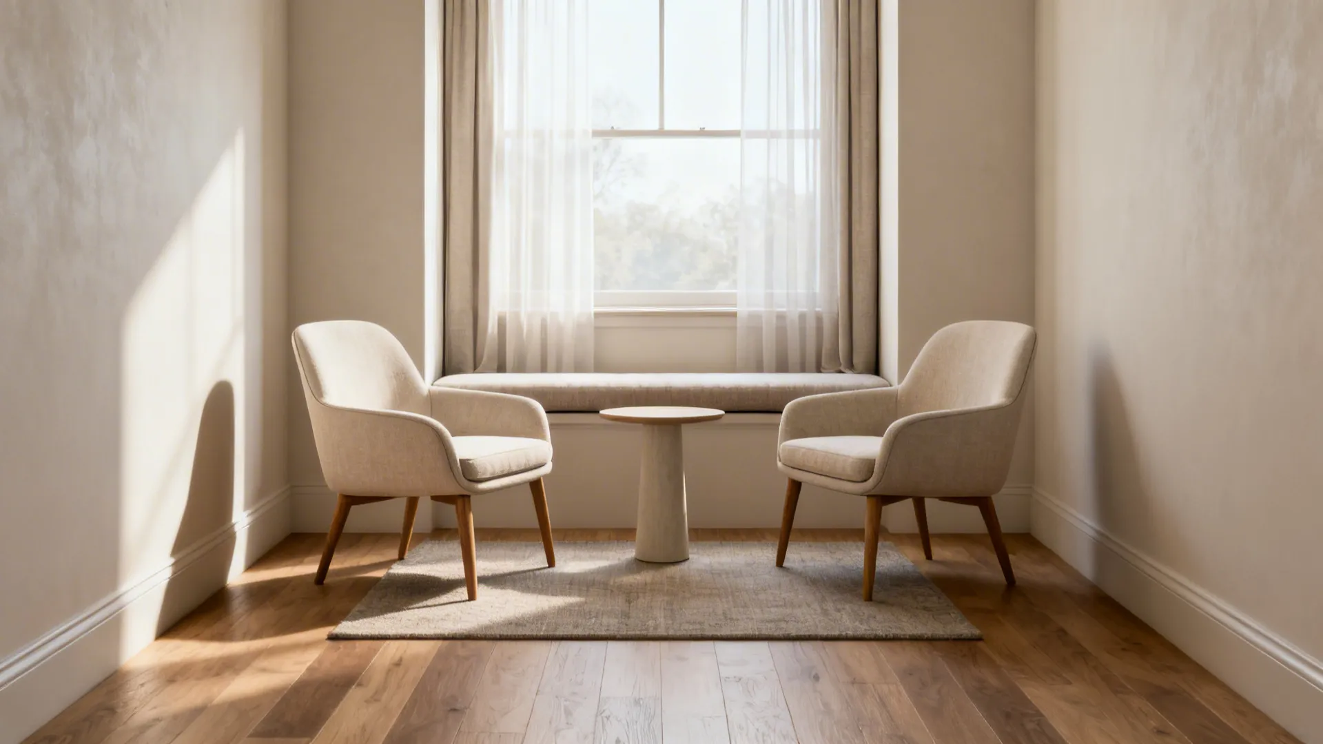 Two light armchairs and a slim bench under a window with airy sightlines and soft daylight.