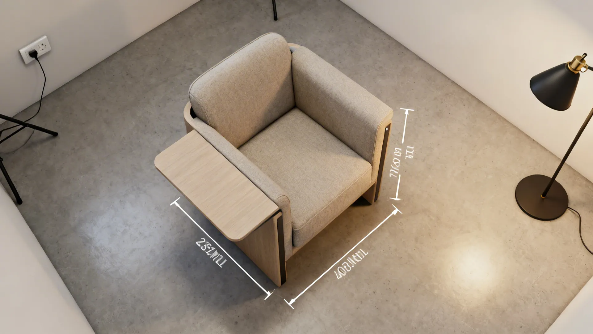 Top-down view of a compact armchair with built-in side table showing clearances and layout