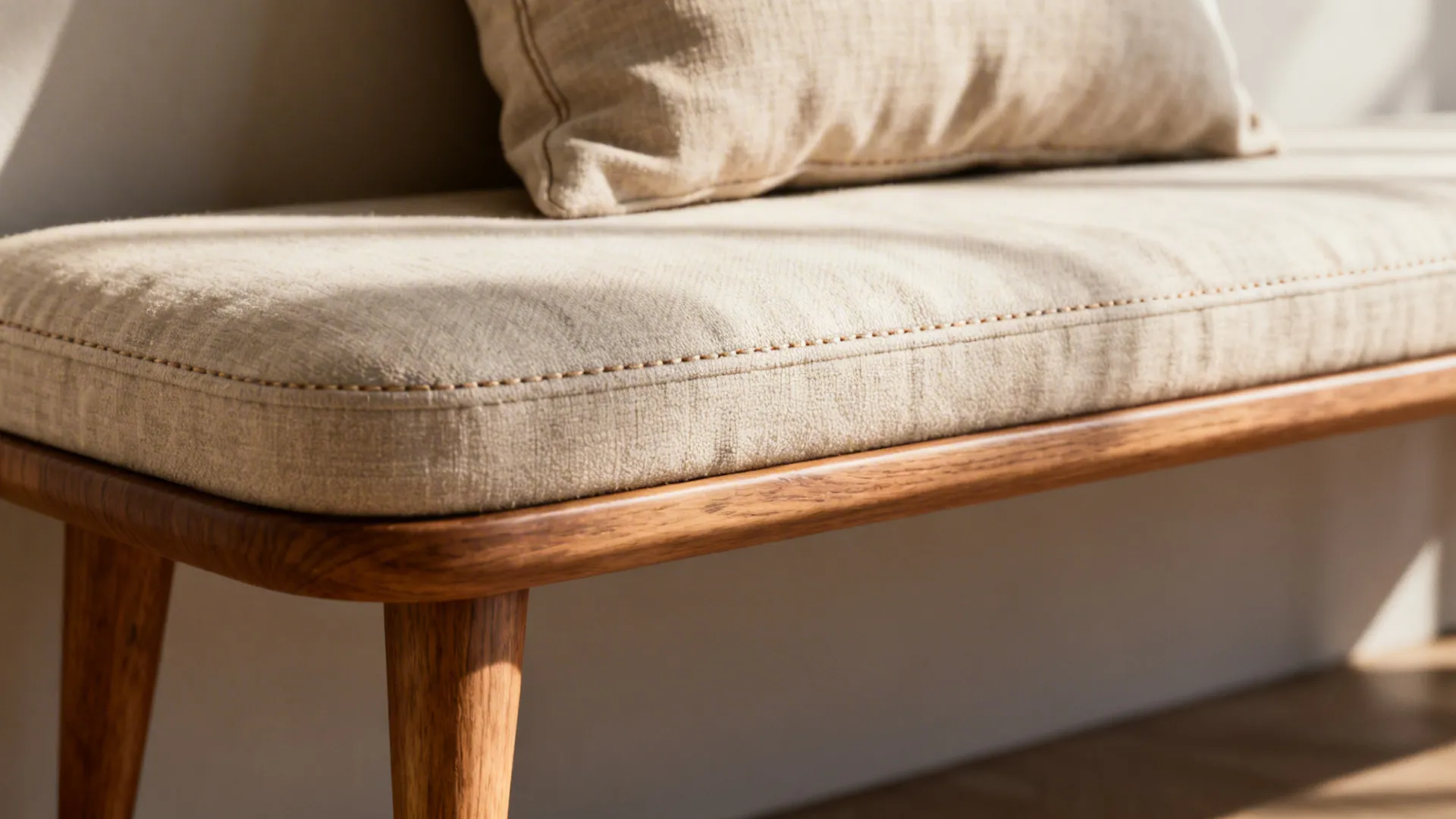 Macro of linen upholstery and tapered wood legs with a lumbar pillow on a slim bench.