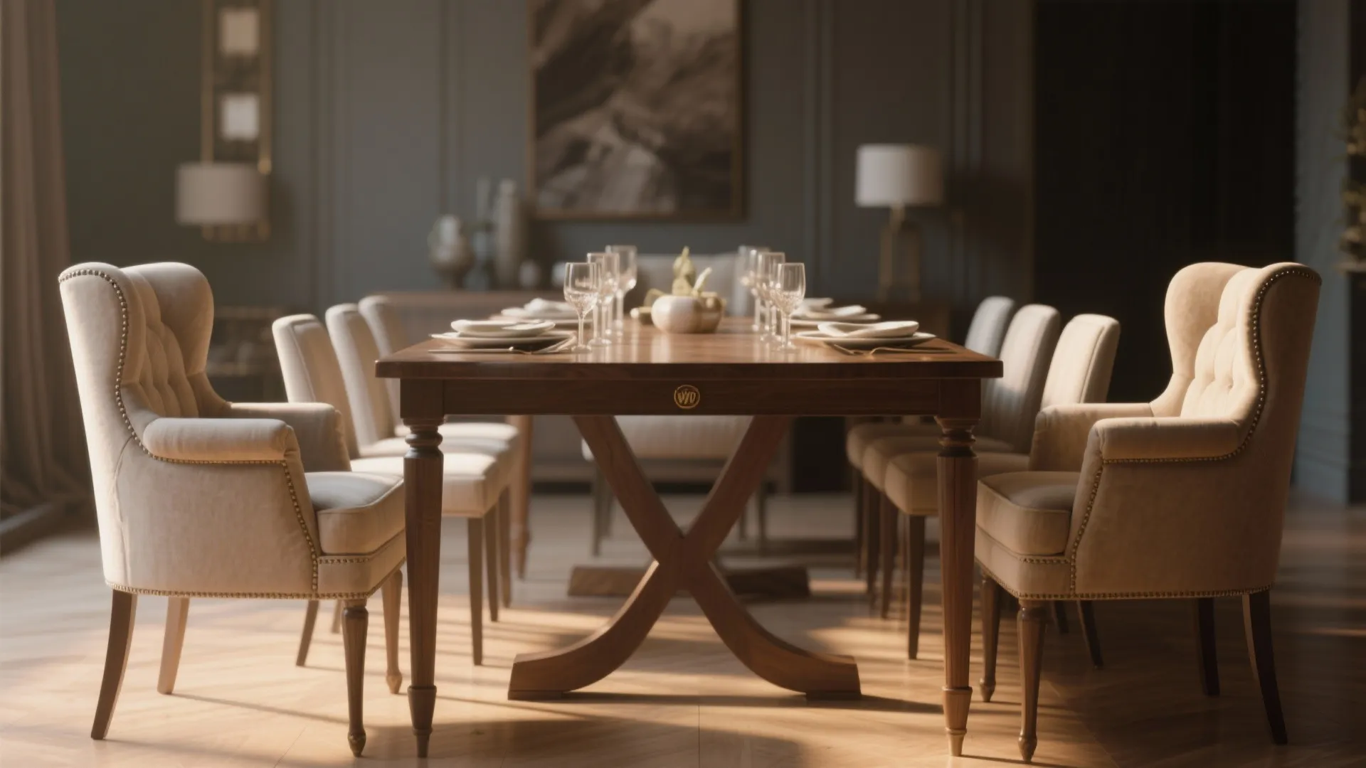 Luxury dining room with beige upholstered chairs and a long wood table under soft indoor light