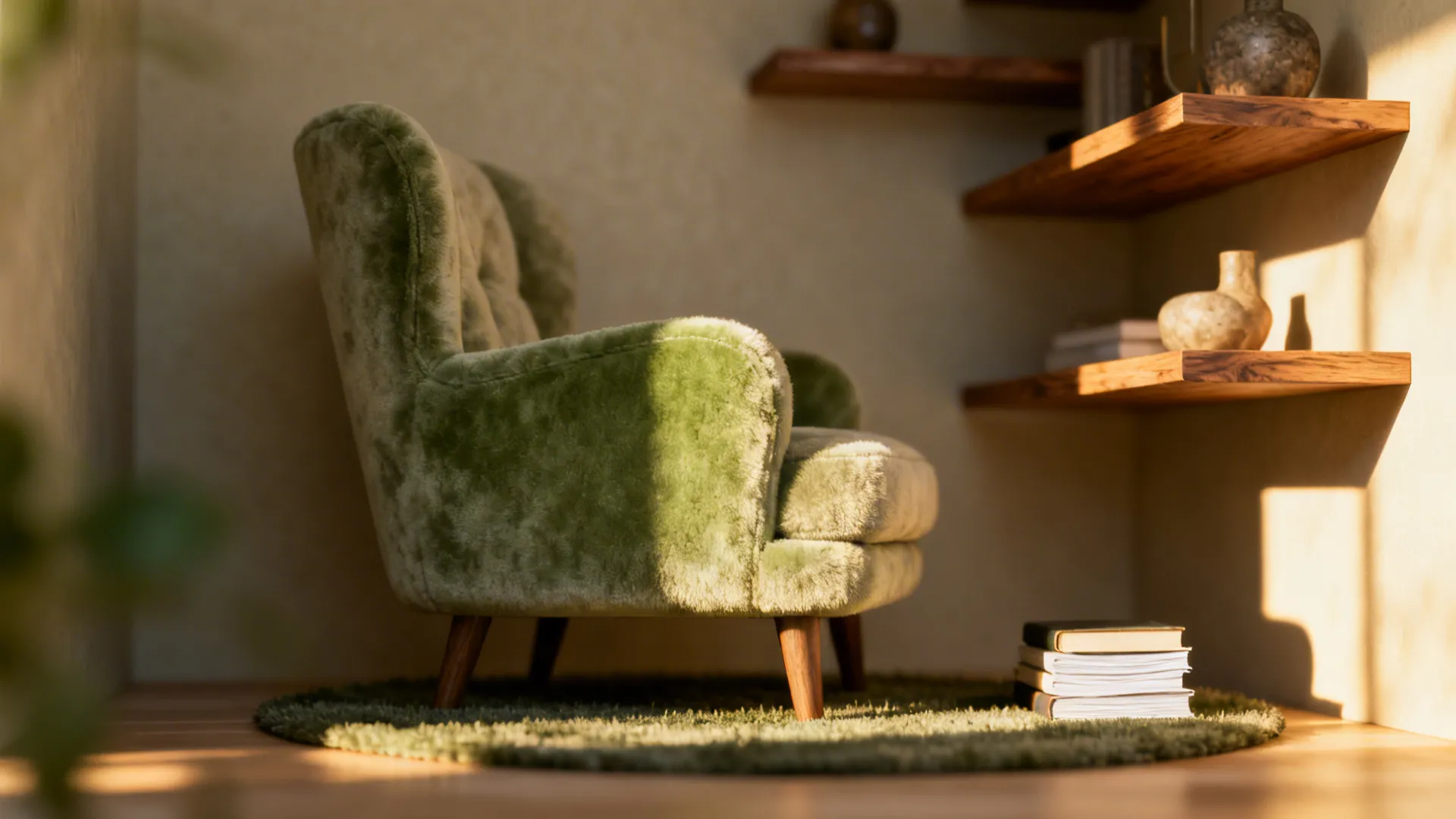 Cozy reading nook with a statement armchair, floating shelves and a compact rug in warm neutrals.