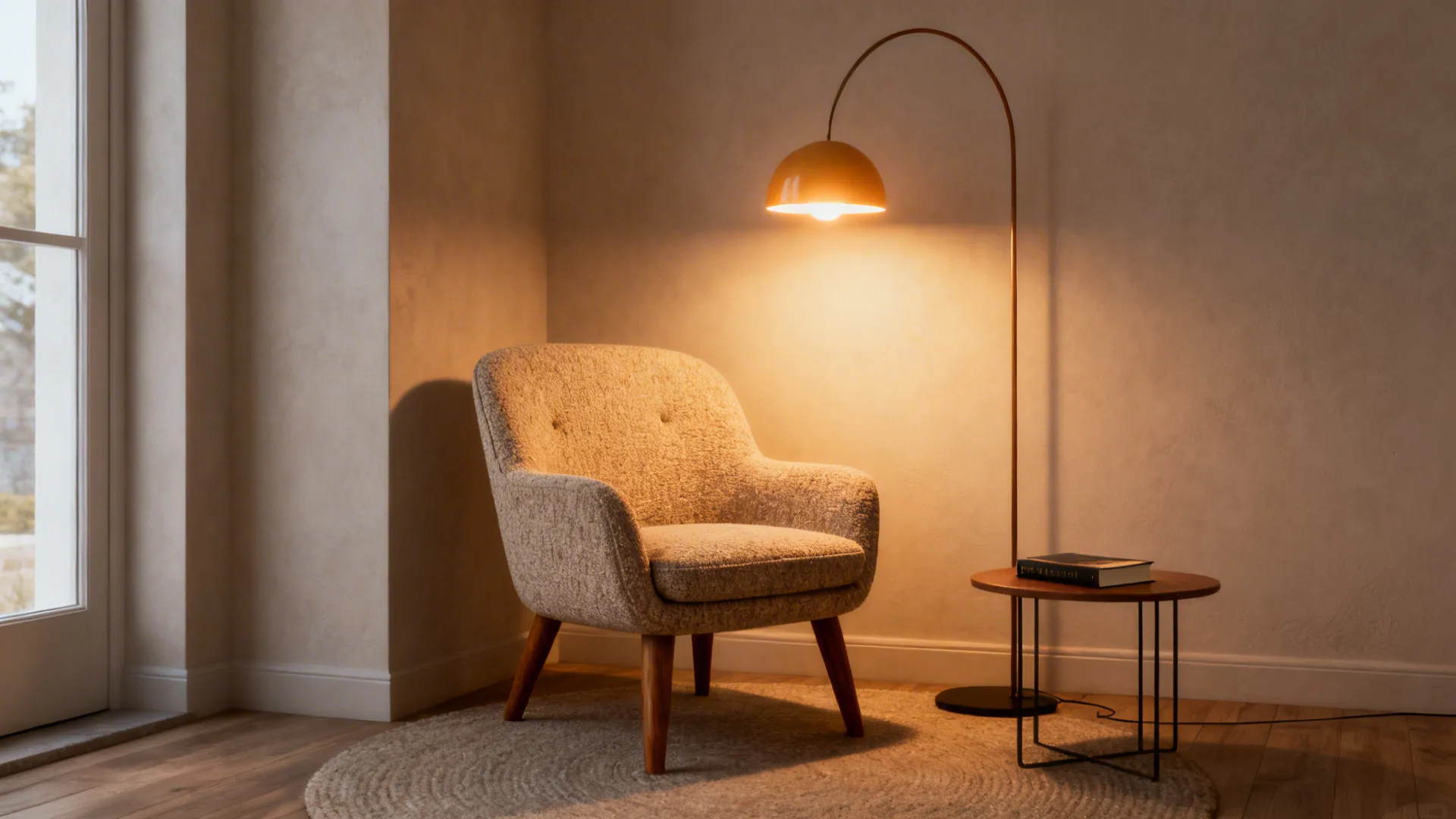 Textured accent armchair paired with an arcing floor lamp creating a reading nook