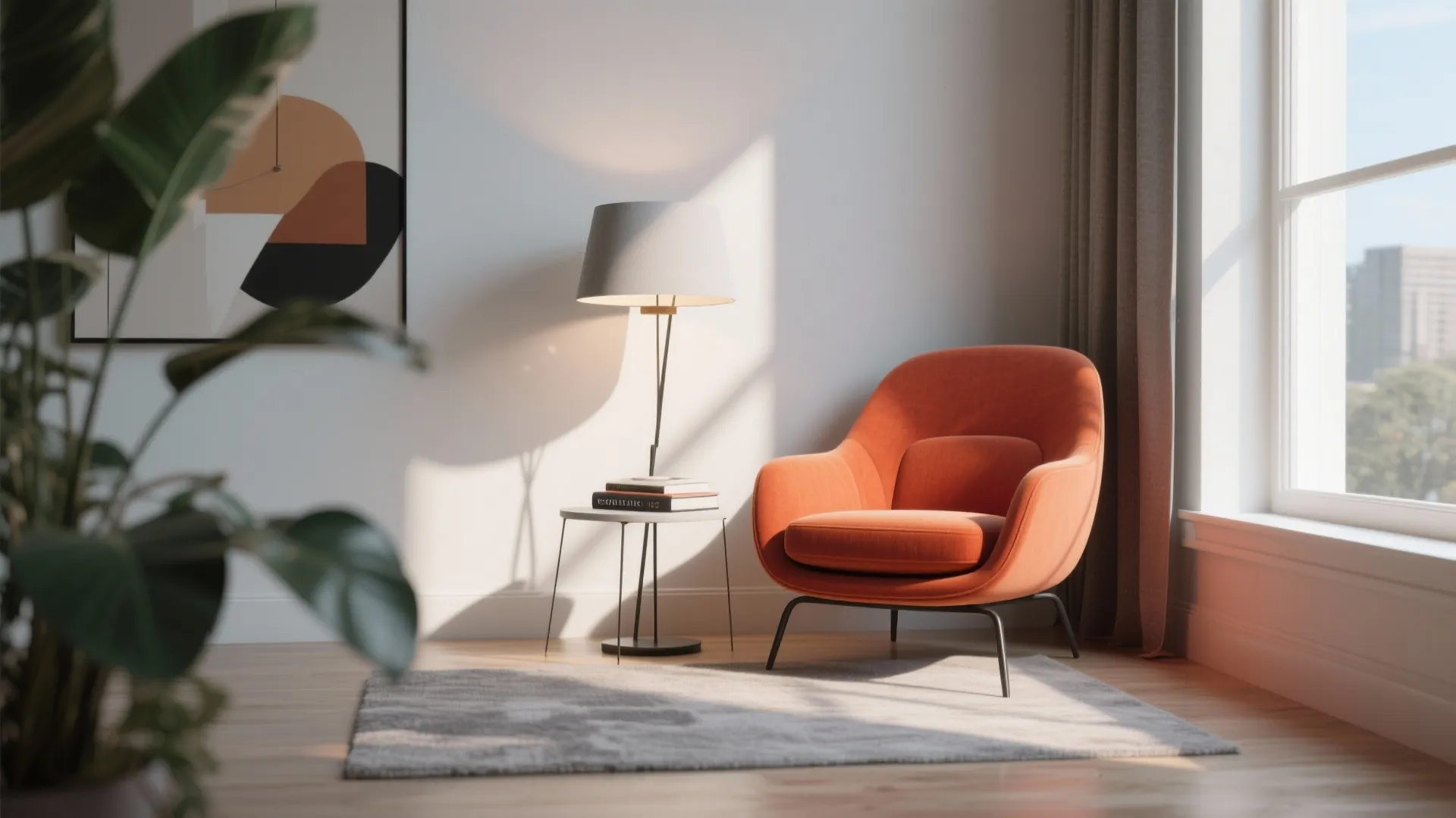 Bright cozy reading corner featuring an orange armchair floor light small table and grey rug