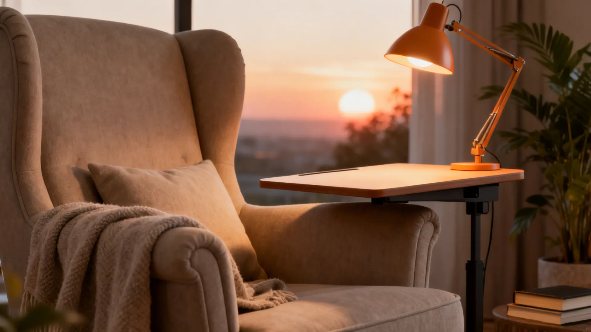 Cozy armchair with a slanted lap desk and side table, warm task lamp and soft textiles.