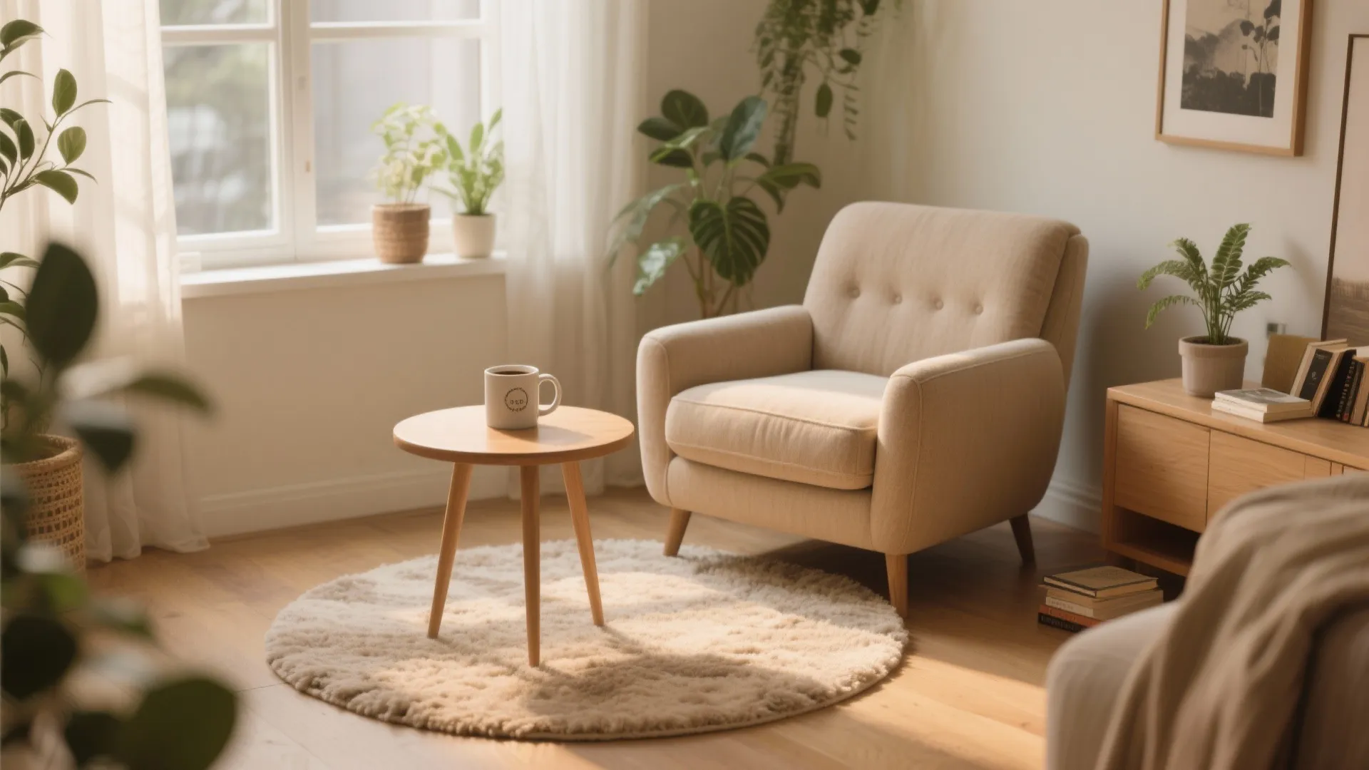 Cozy reading nook with beige armchair round wooden side table small rug and indoor green plants