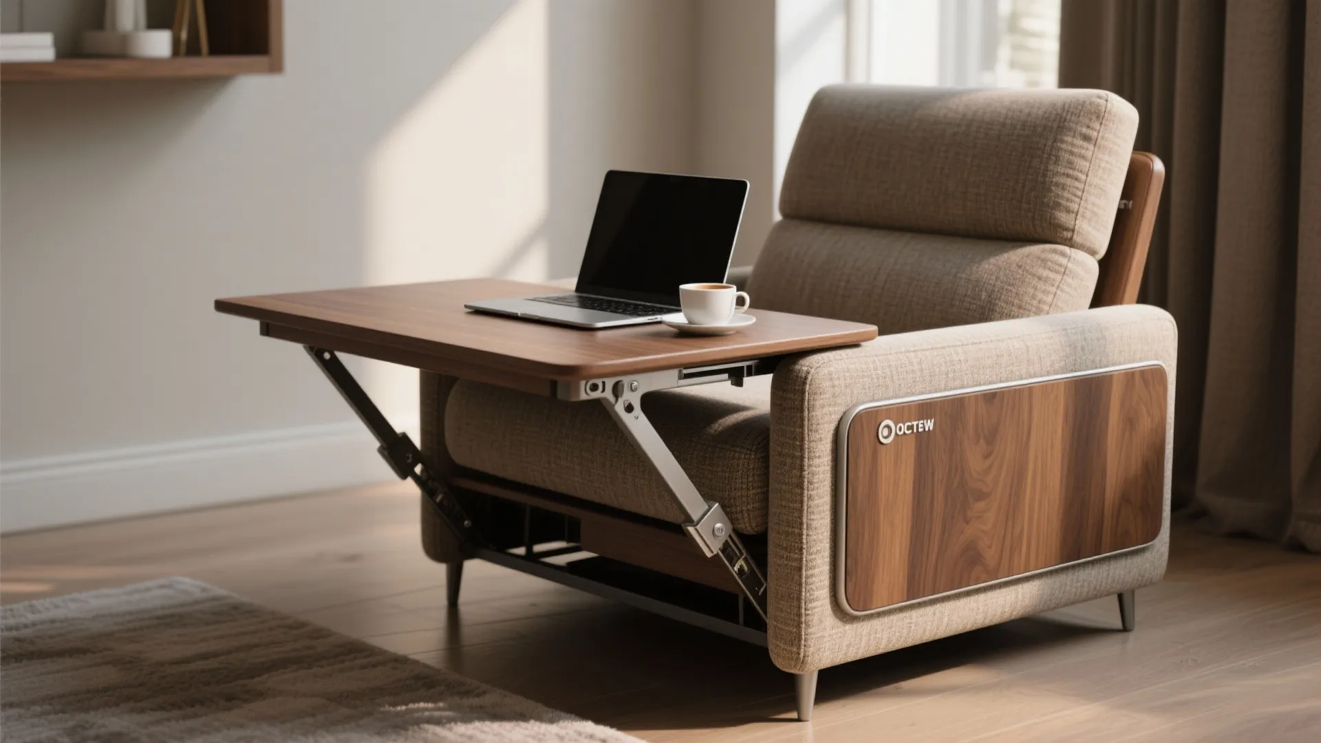 Close-up of an armchair with a built-in side table extended, showing mechanism and materials.
