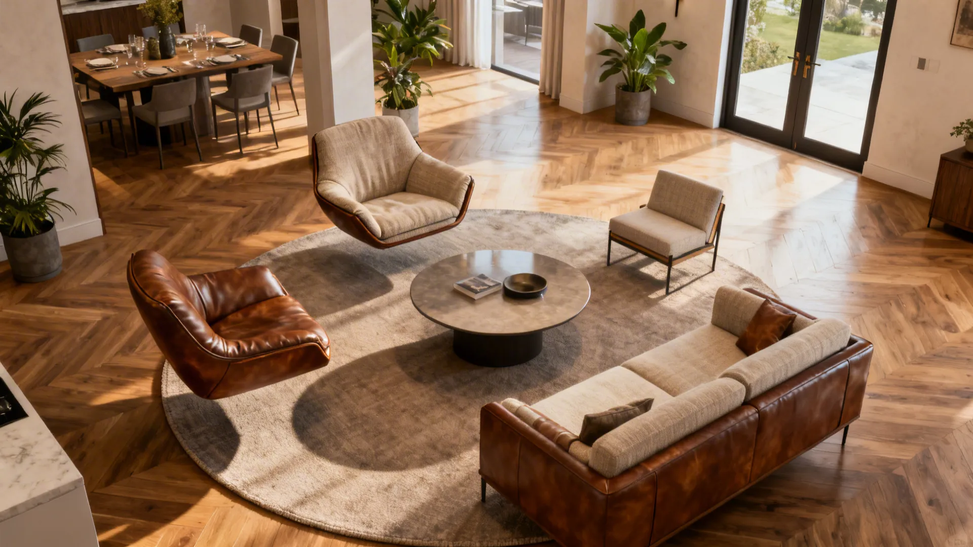 Two floating armchairs and a small sofa in a loose cluster around a round coffee table enabling multi-directional flow.