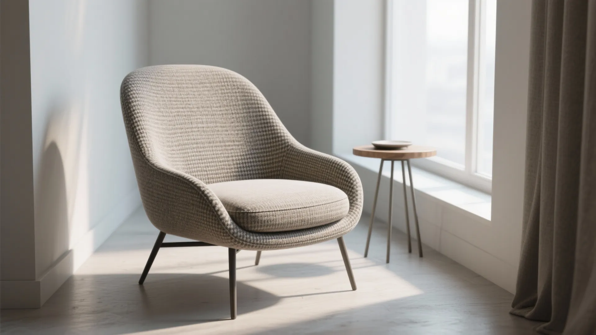 Comfortable grey fabric chair placed near a large window with a small round side table