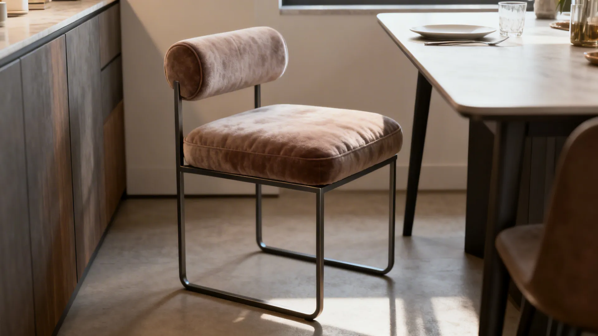 Compact armless accent chair with plush cushion used as extra dining seating in a small multifunctional living space.