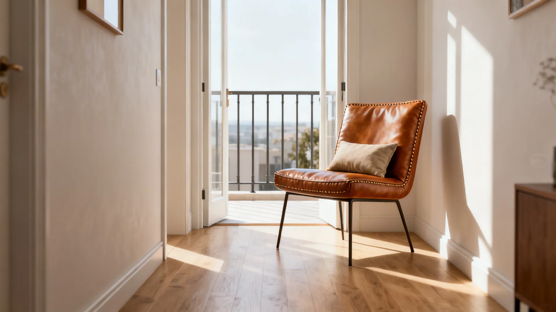 Narrow studio living room with an armless tan leather accent chair opening the walkway to a balcony