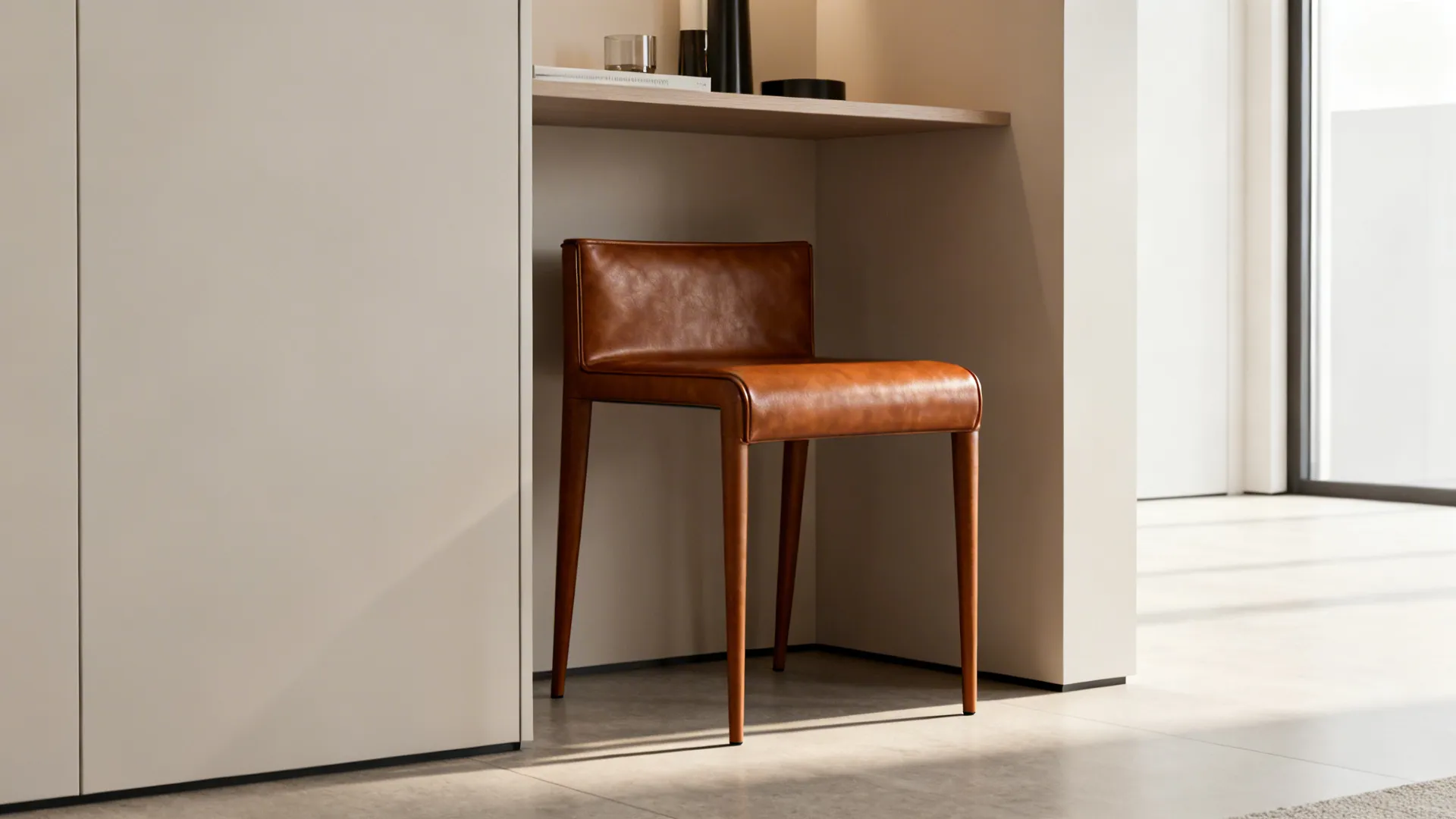 Armless leather accent chair beside a narrow console in a small seating nook