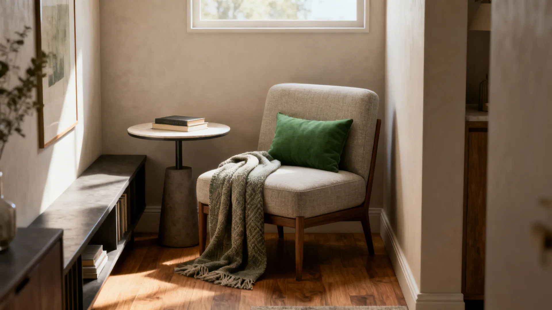 Compact reading nook with an armless accent chair next to a round side table in a small living room