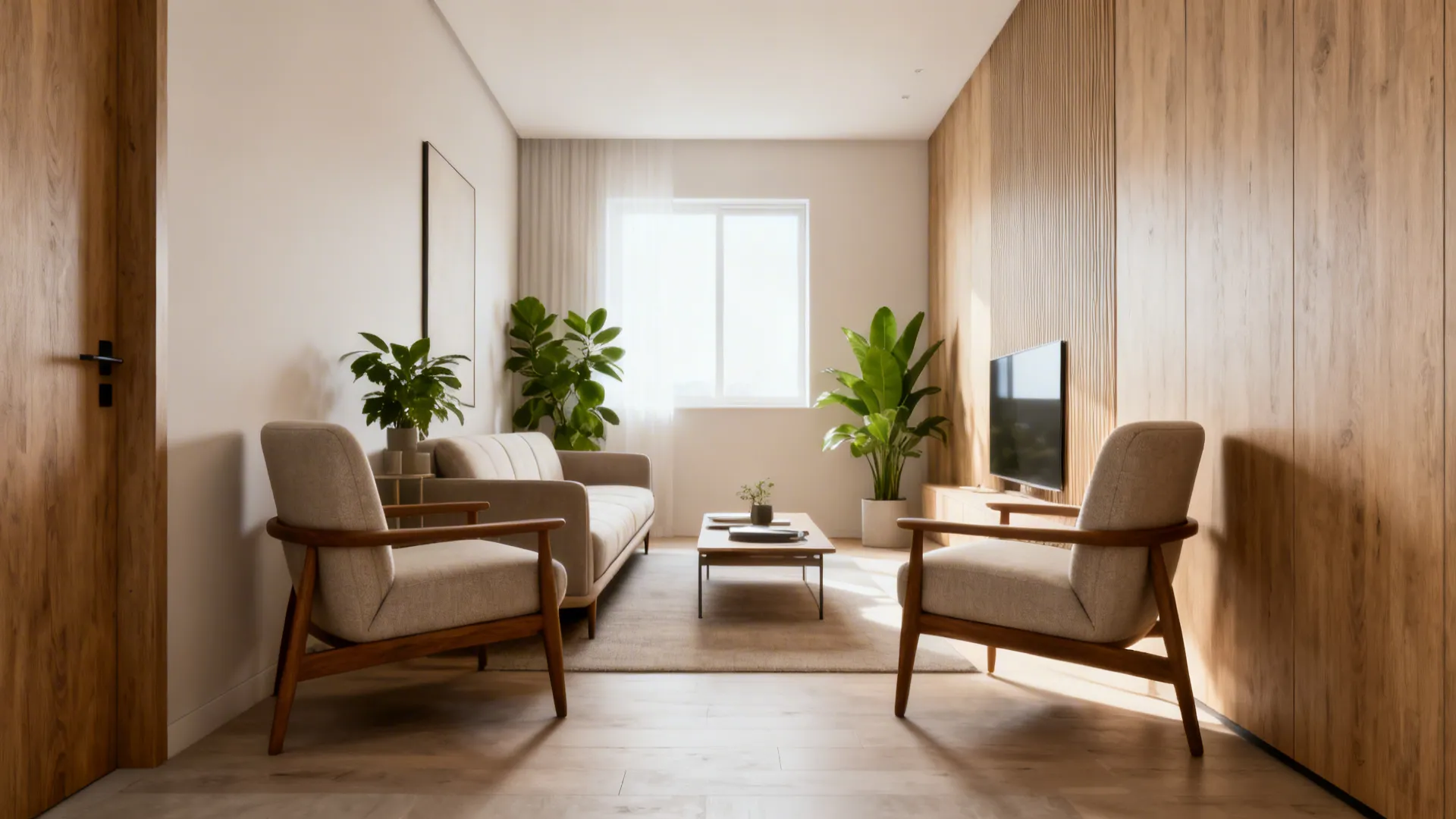 Modern living room featuring two wooden armchairs, light sofa, indoor plants, and a wood wall.