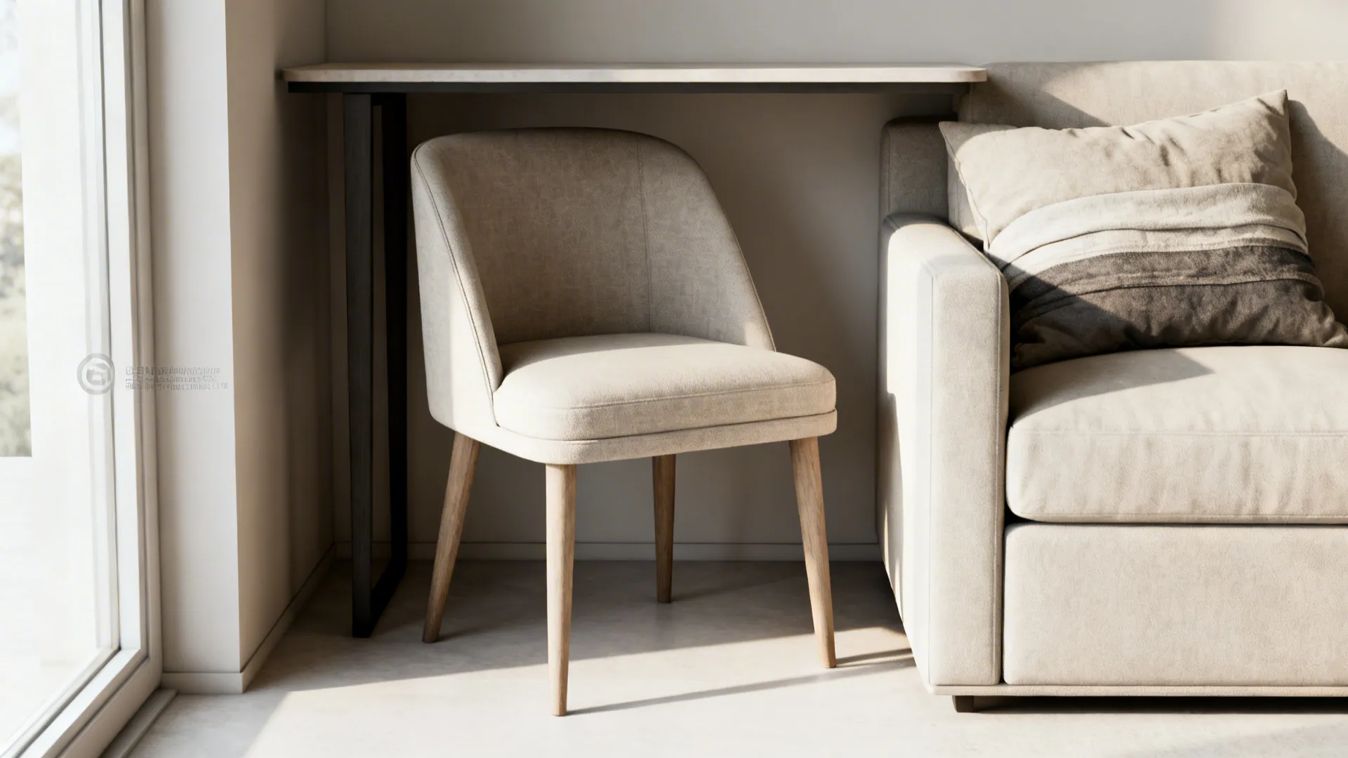 Armless accent chair tucked beside a narrow side table in a compact living room corner.