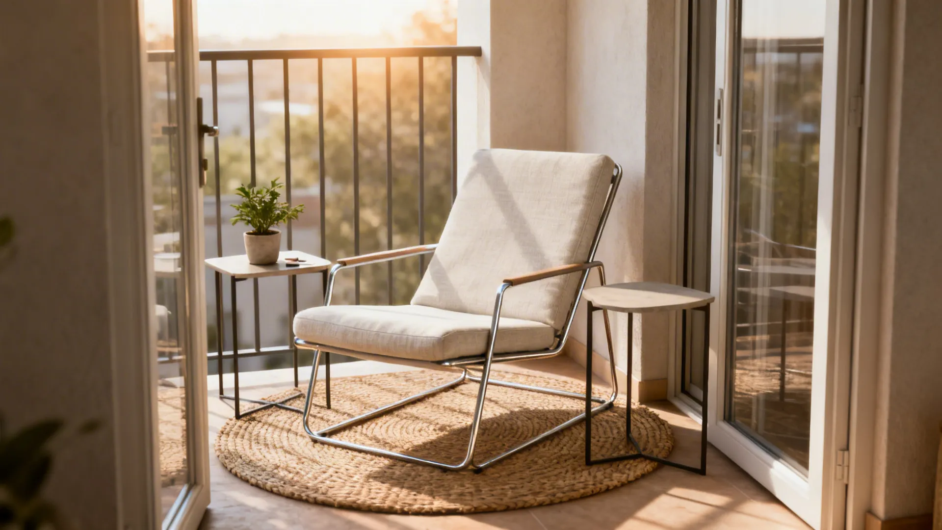 Armless reclining accent chair in a tiny balcony nook between slim side tables and a plant.
