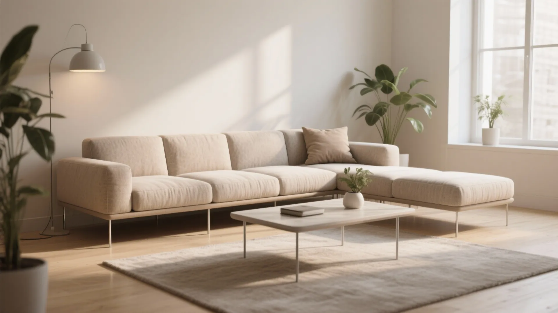 Armless sectional with exposed legs in a studio living room creating a light, airy feel with visible floor space.