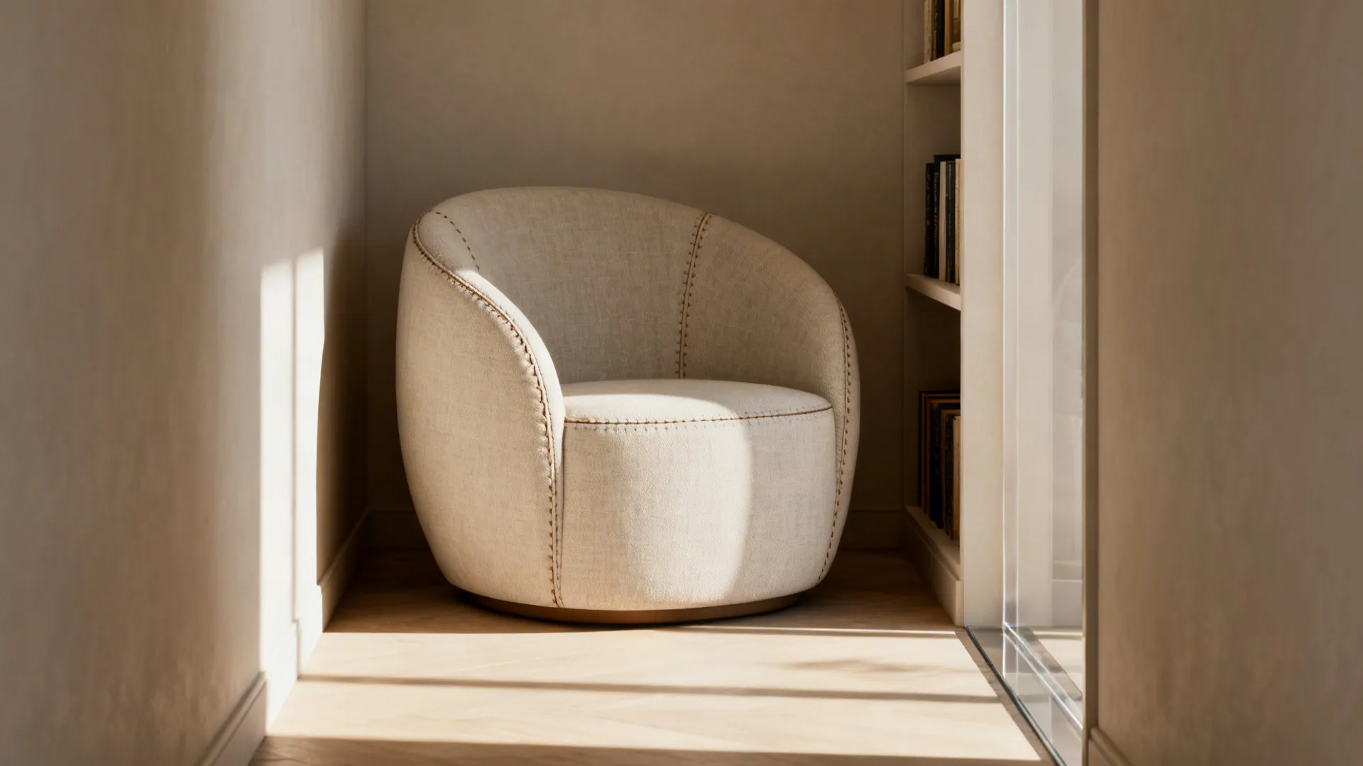 Minimalist reading nook featuring a round fabric sofa chair placed next to a tall bookshelf