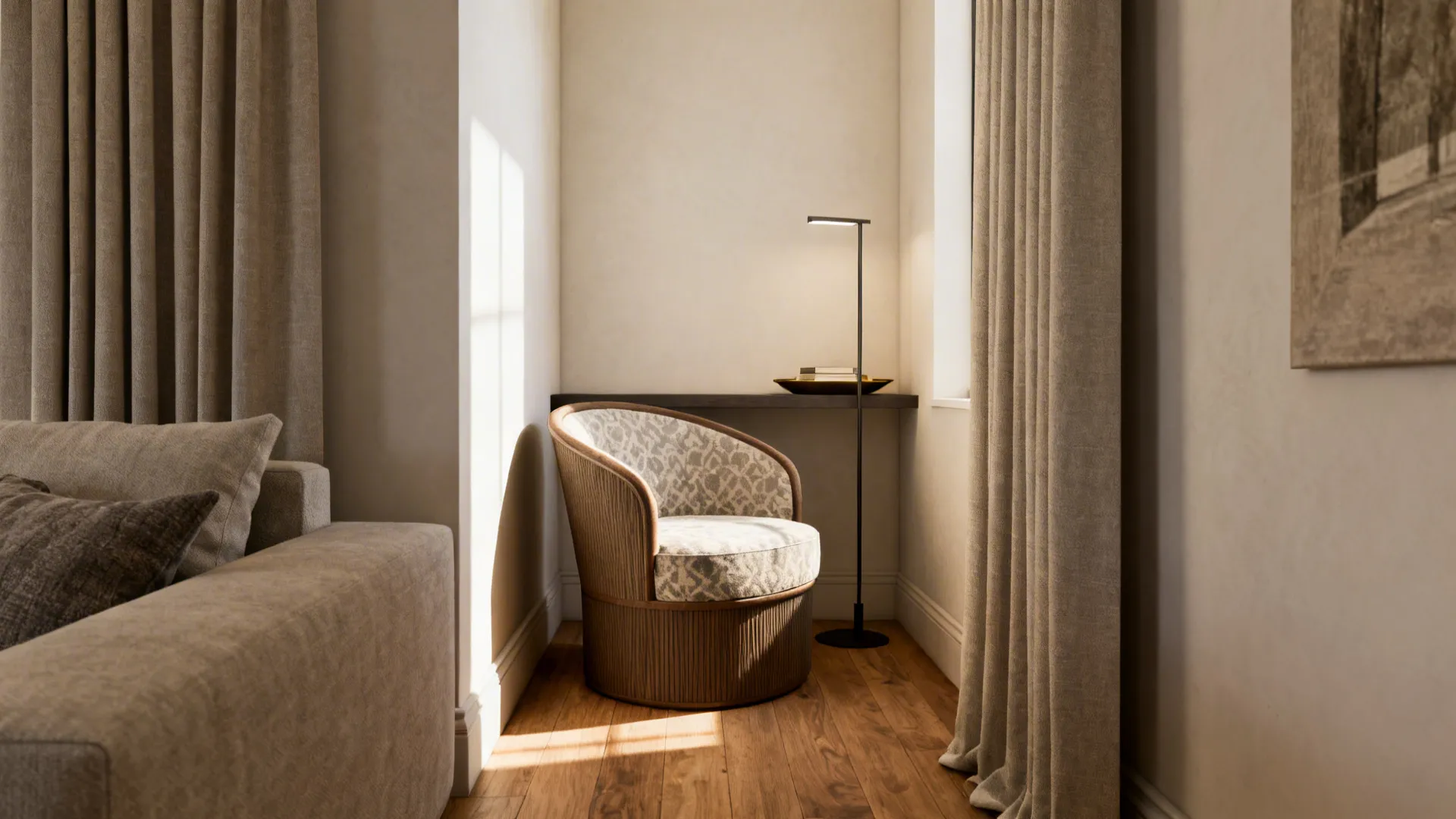 Narrow reading nook with a patterned armless barrel chair, slim lamp, and narrow console.