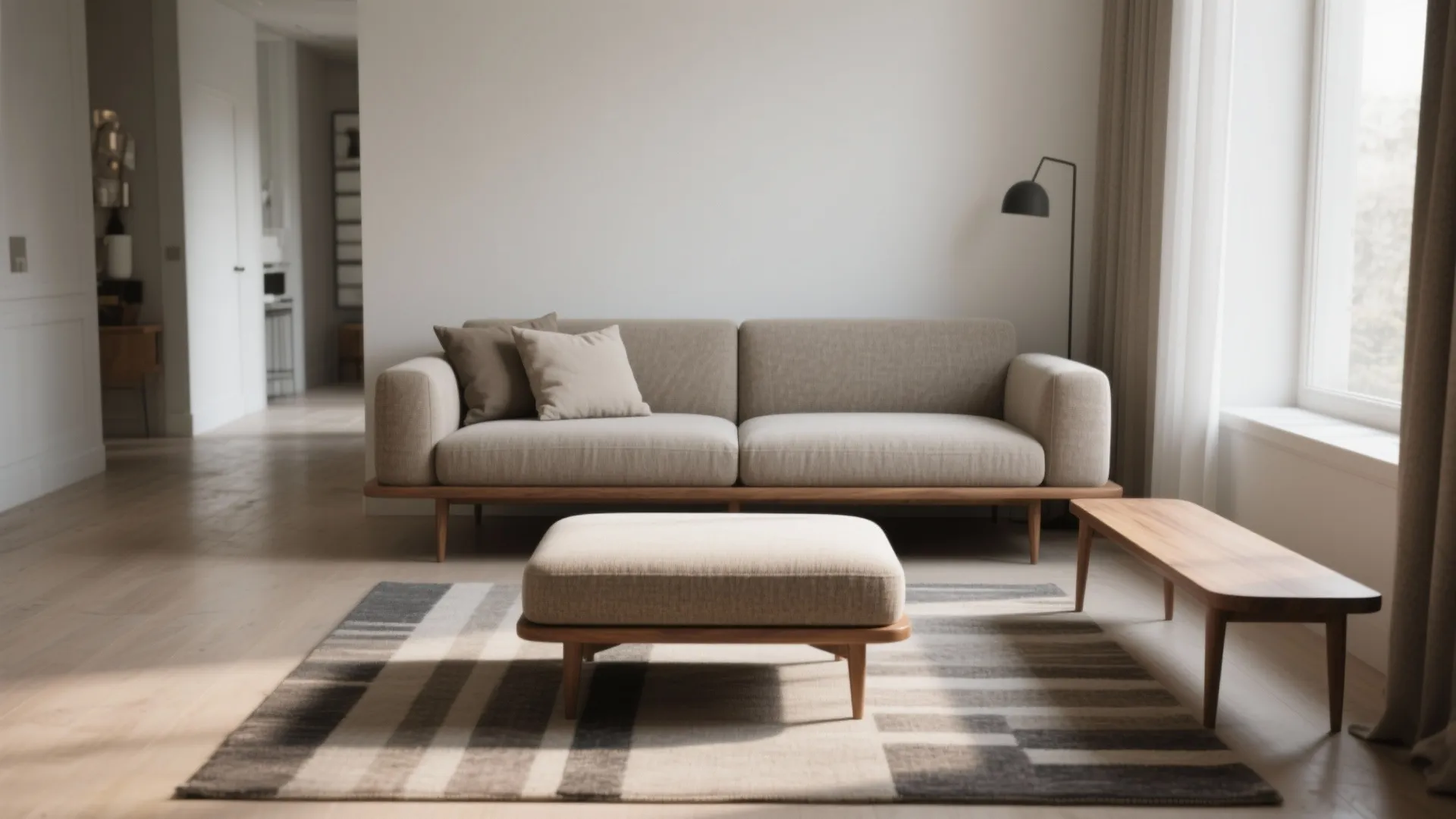 Armless sofa with a bench-style ottoman in a small living room emphasizing clear traffic flow.