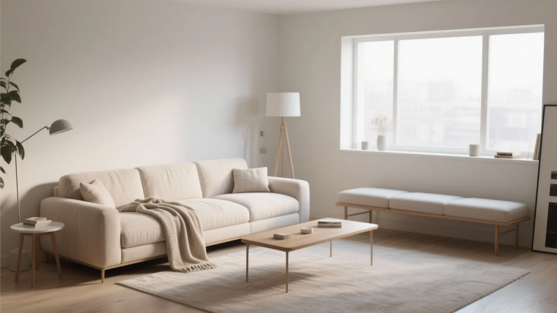 Minimalist living room with beige sofa coffee table wooden floor long bench and large window view